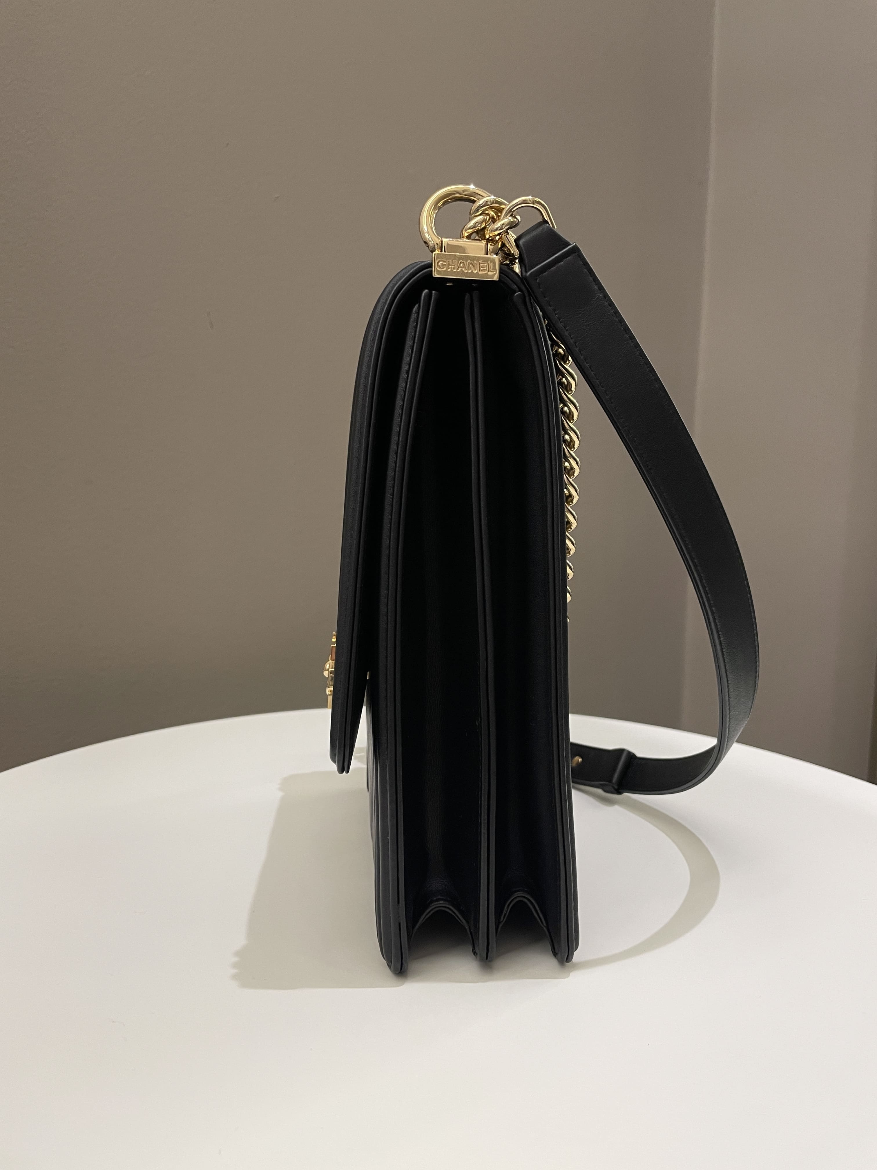 Chanel Chevron North South Boy Black Stiff Lambskin