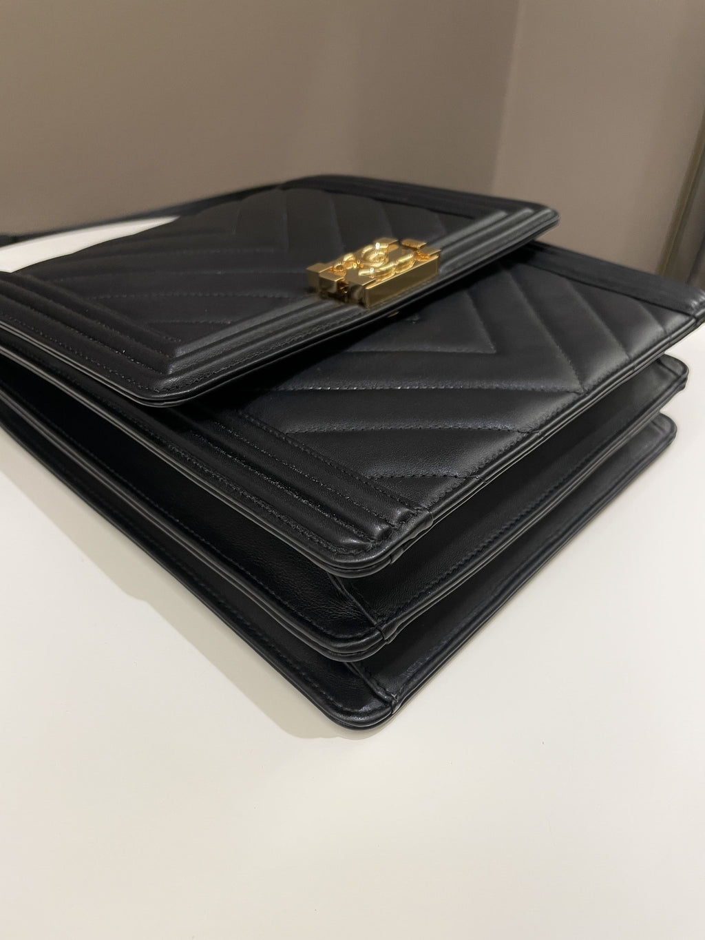 Chanel Chevron North South Boy Black Stiff Lambskin
