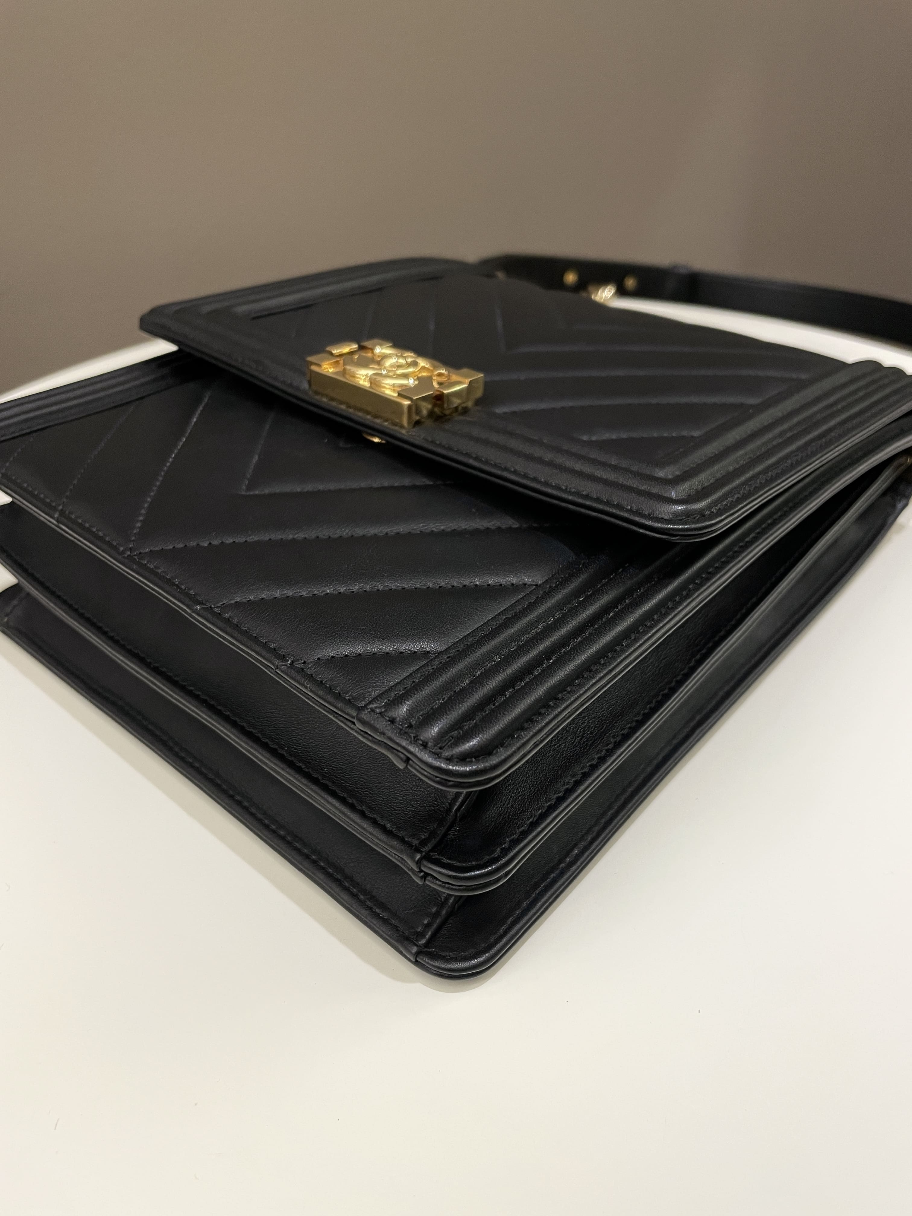 Chanel Chevron North South Boy Black Stiff Lambskin