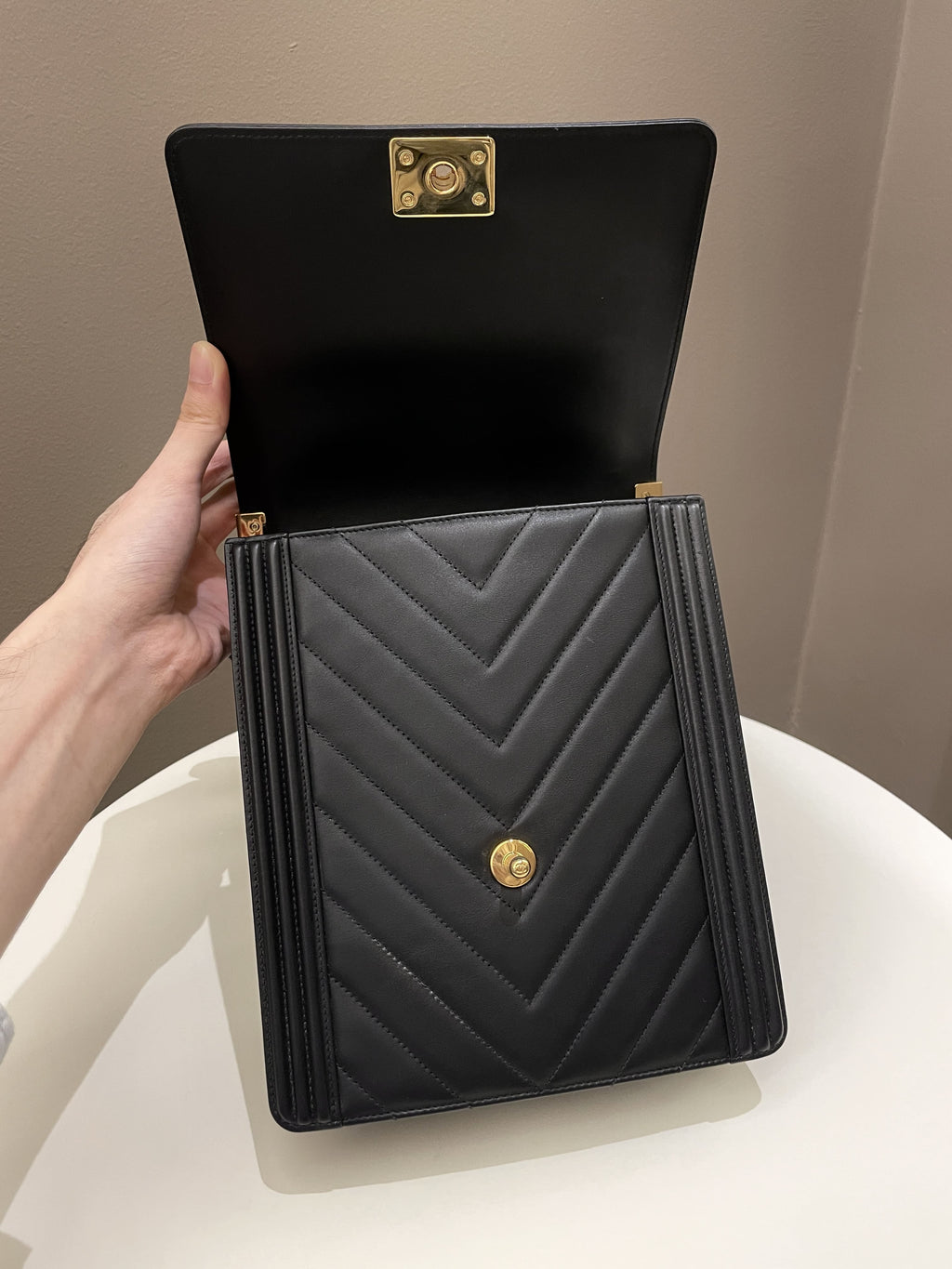 Chanel Chevron North South Boy Black Stiff Lambskin