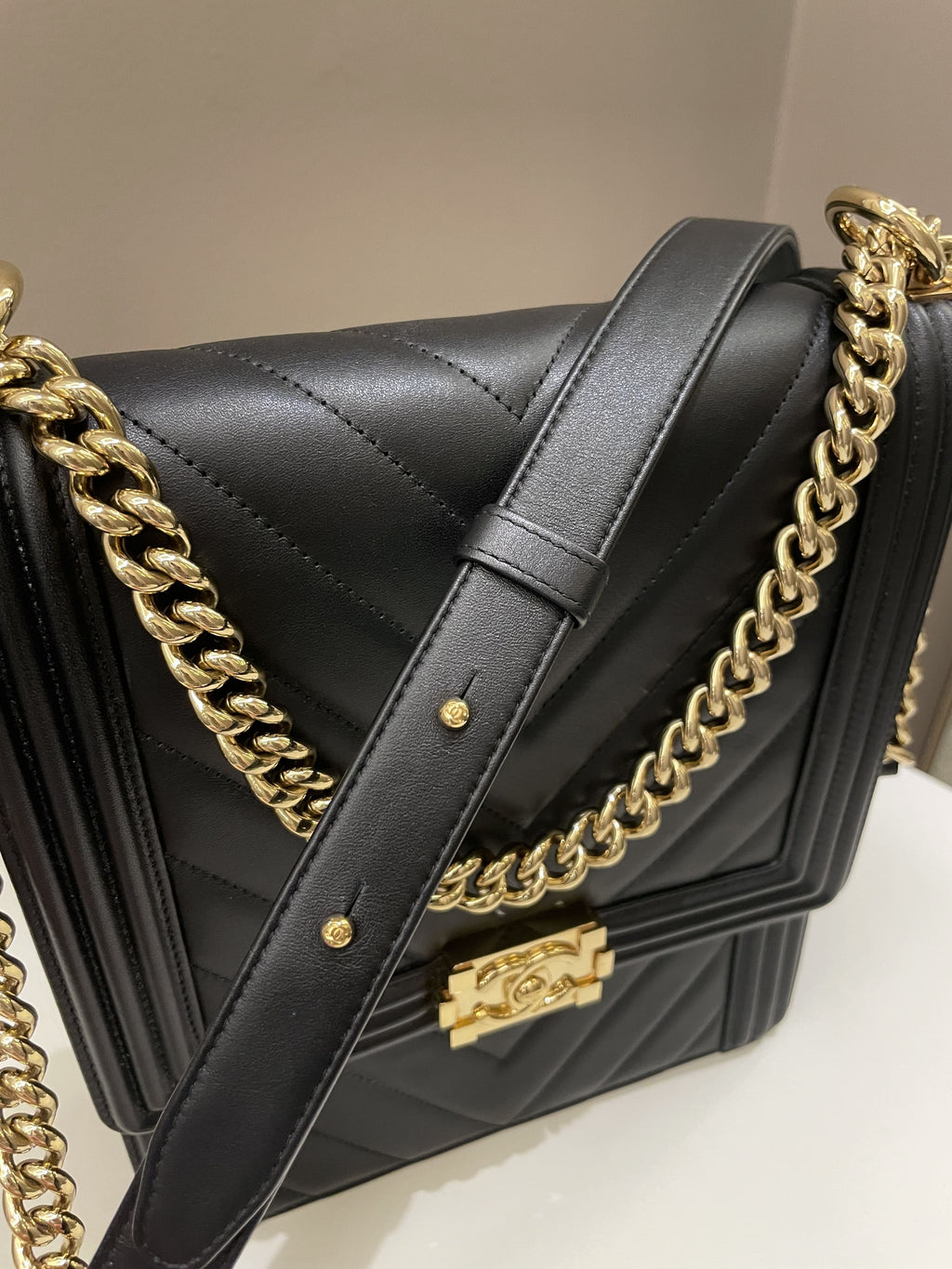 Chanel Chevron North South Boy Black Stiff Lambskin