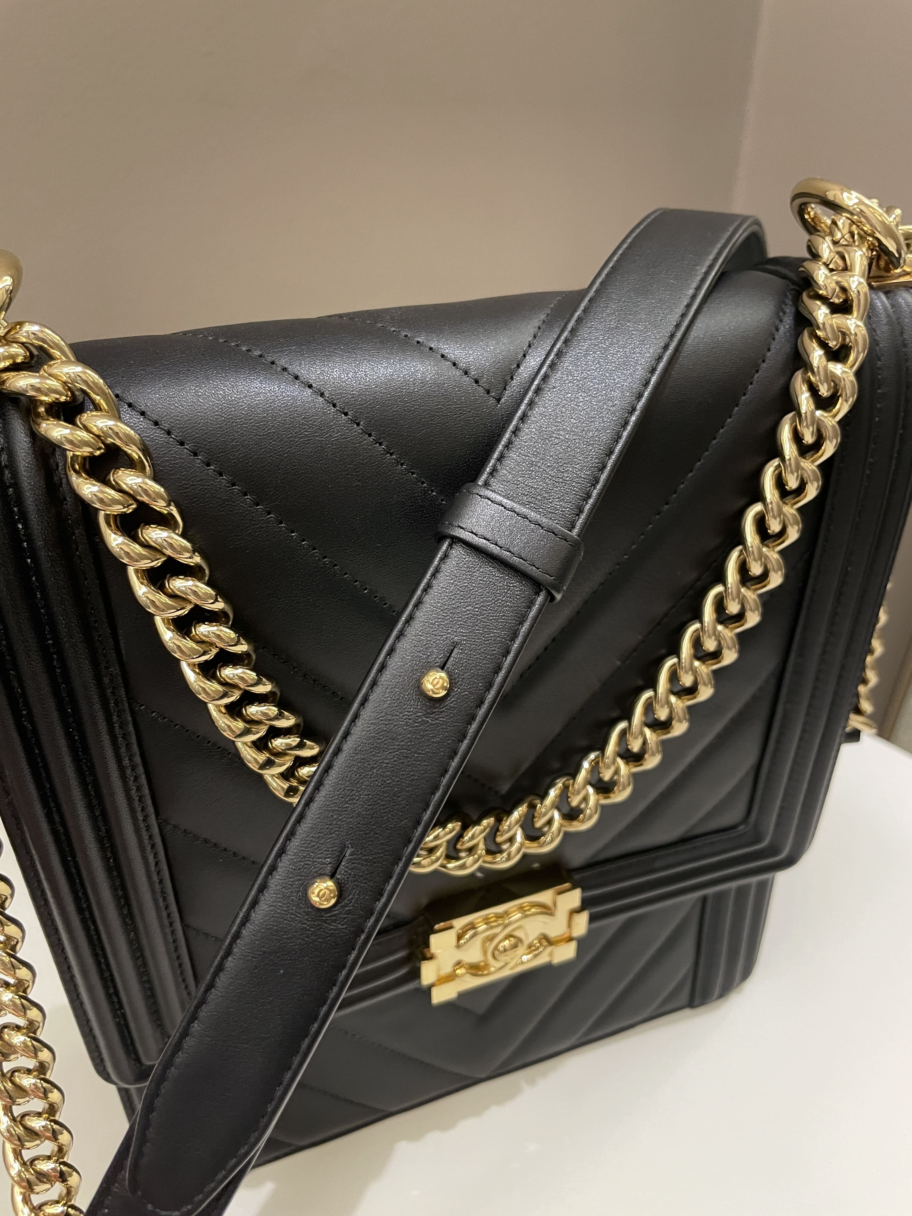 Chanel Chevron North South Boy Black Stiff Lambskin