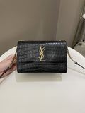 Saint Laurent Sunset Crossbody Bag Black Embossed Croc