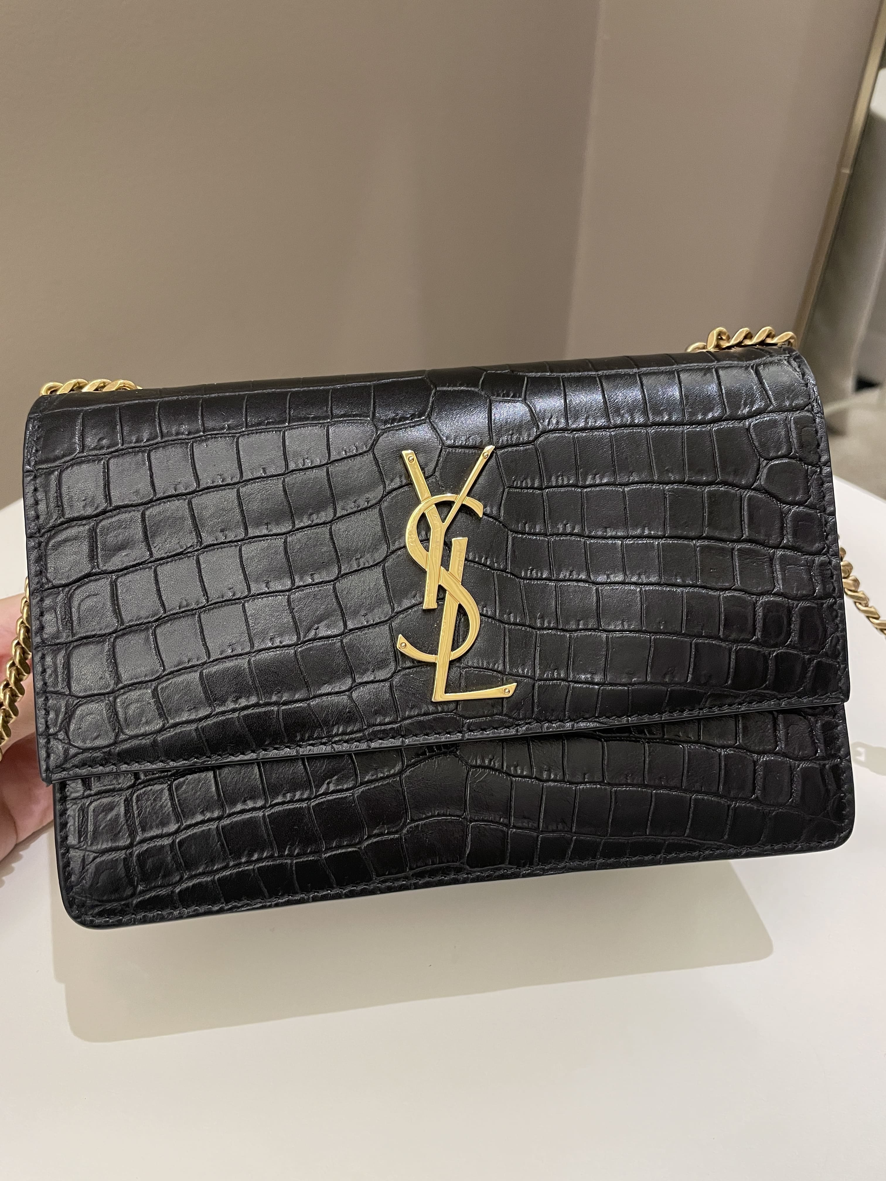 Saint Laurent Sunset Crossbody Bag Black Embossed Croc