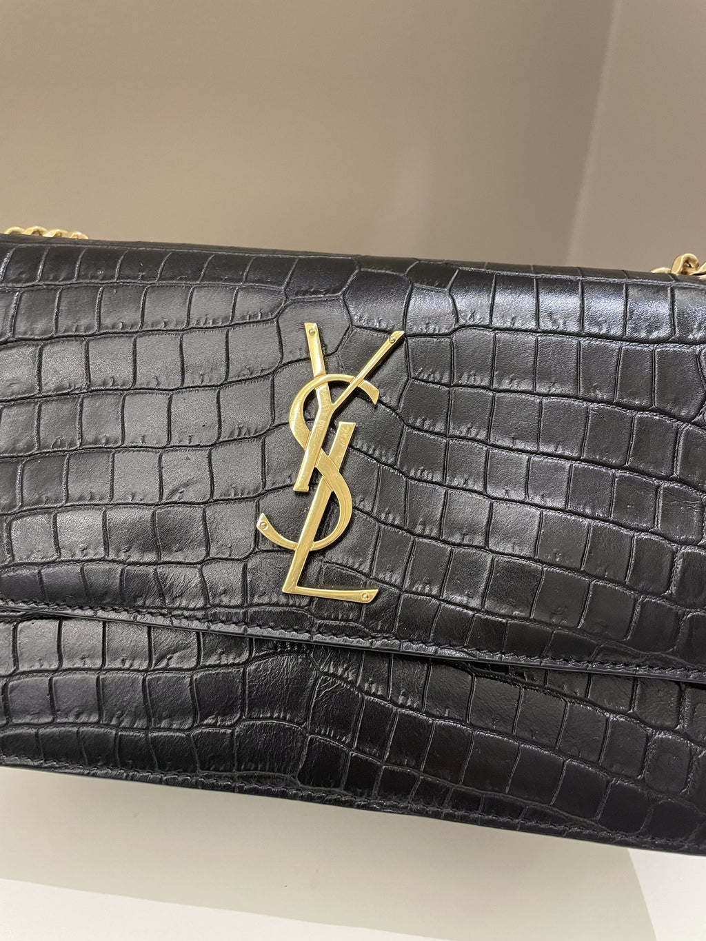 Saint Laurent Sunset Crossbody Bag Black Embossed Croc