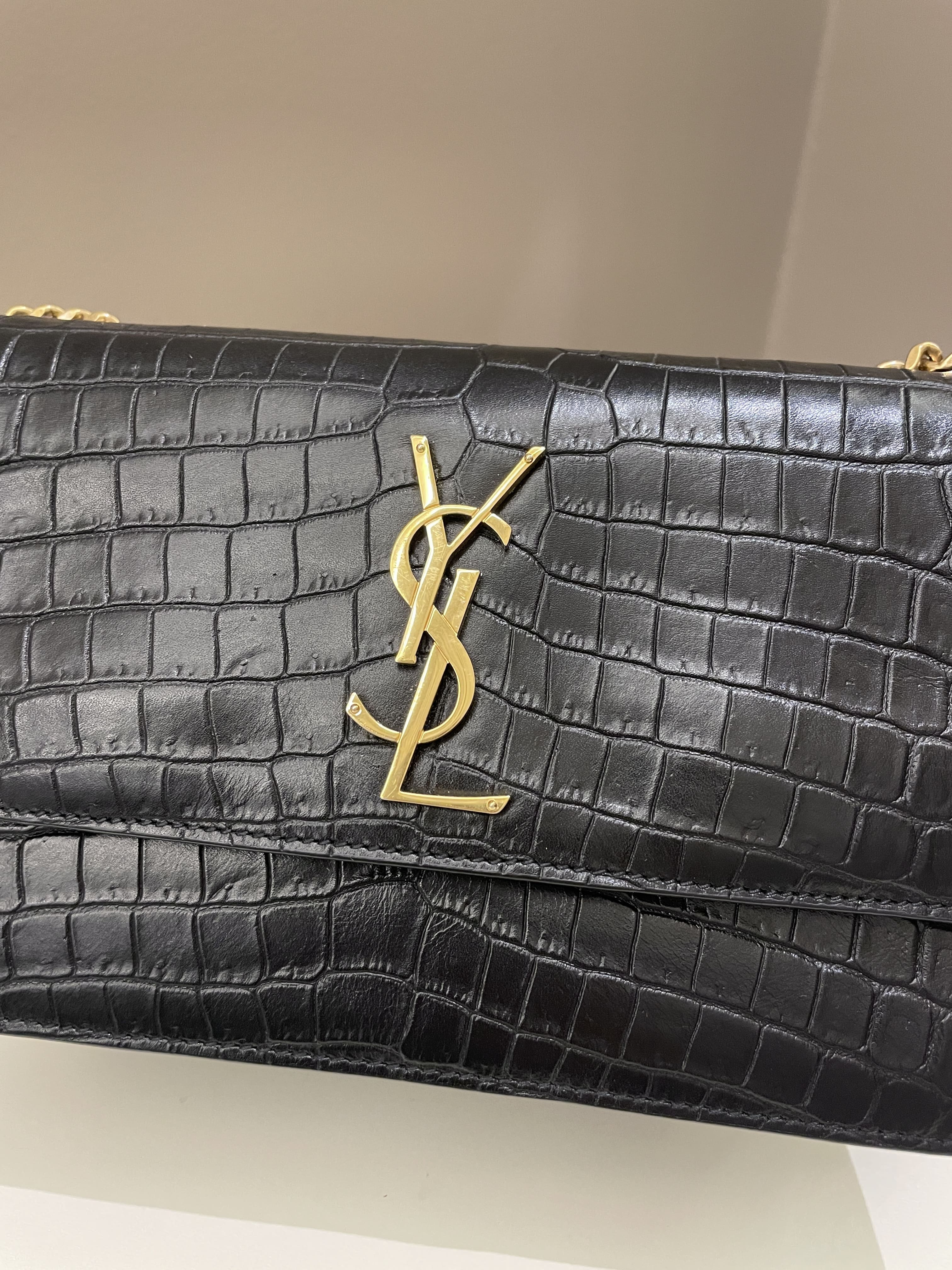 Saint Laurent Sunset Crossbody Bag Black Embossed Croc