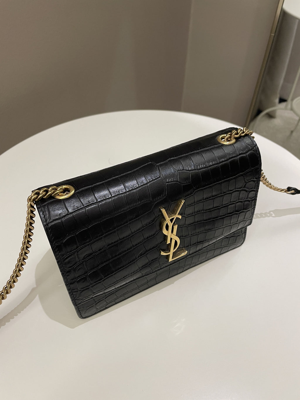 Saint Laurent Sunset Crossbody Bag Black Embossed Croc