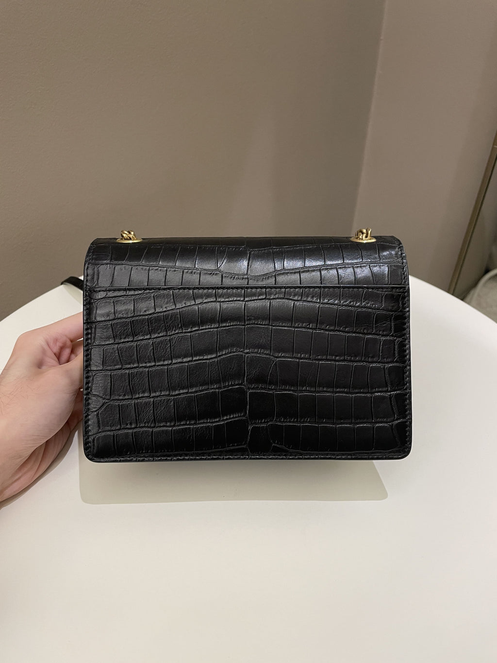 Saint Laurent Sunset Crossbody Bag Black Embossed Croc