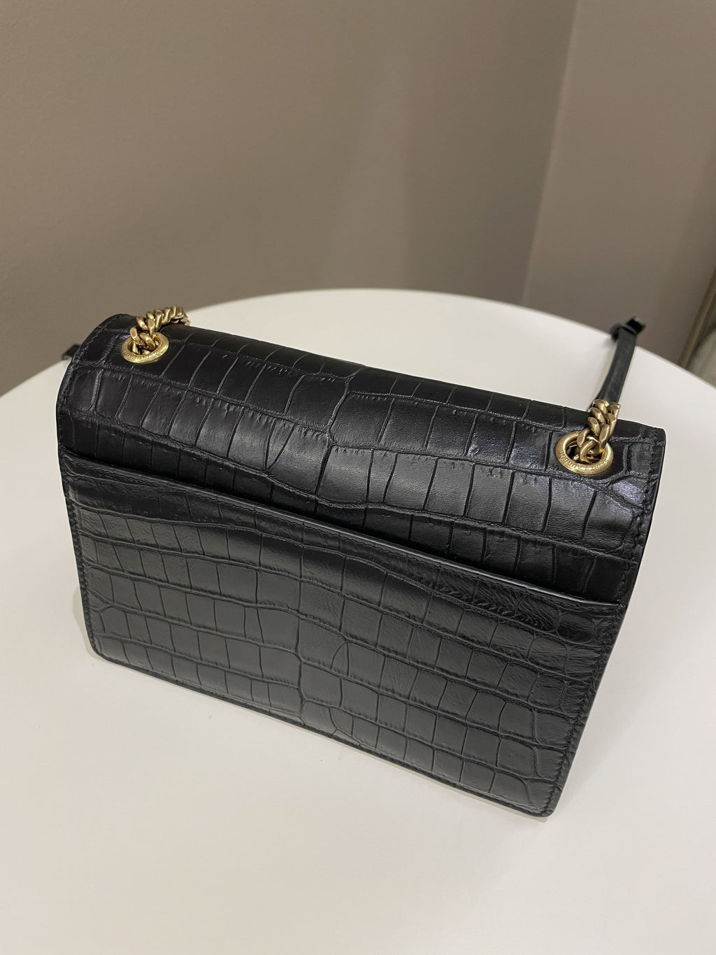 Saint Laurent Sunset Crossbody Bag Black Embossed Croc