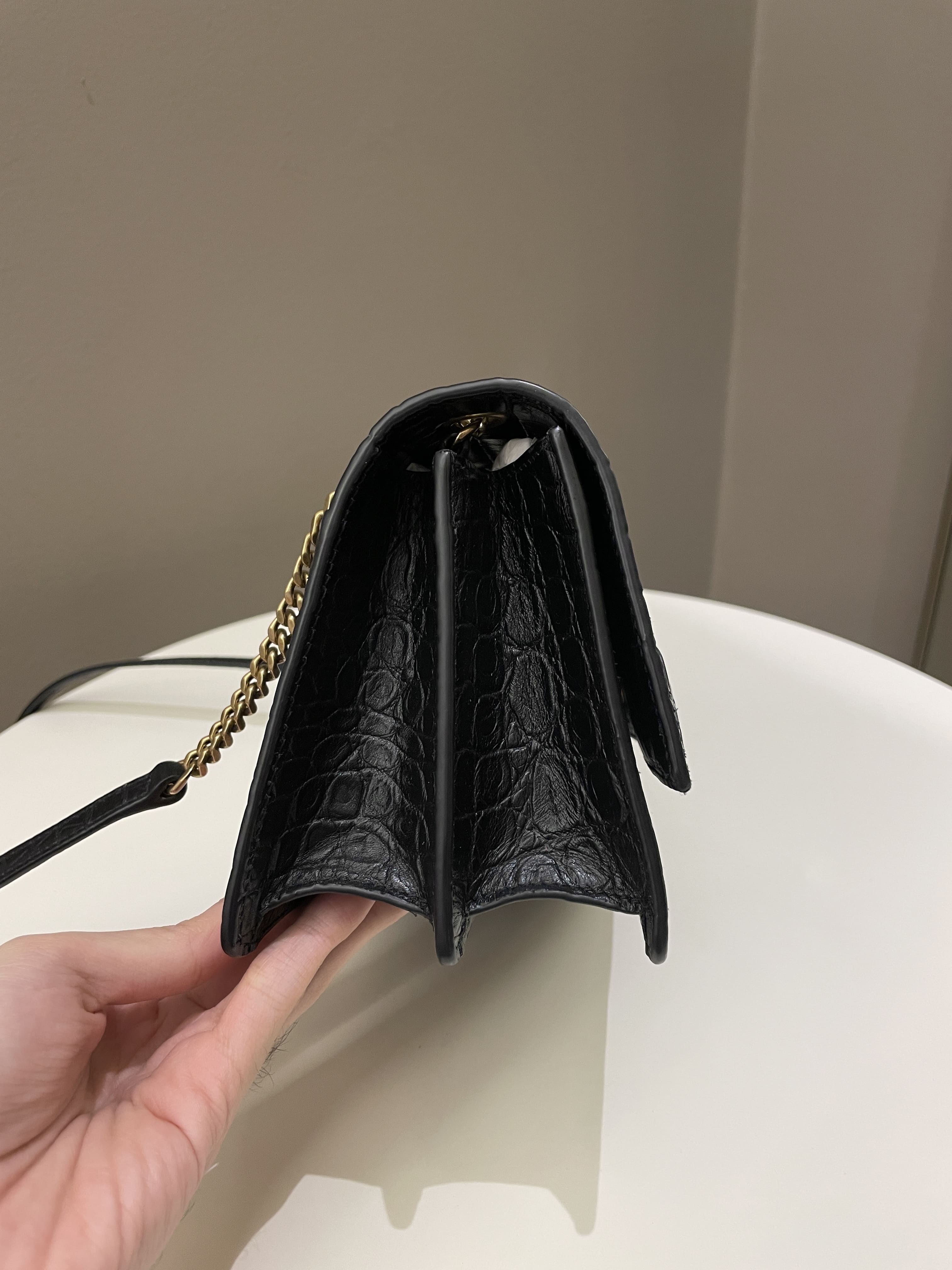 Saint Laurent Sunset Crossbody Bag Black Embossed Croc