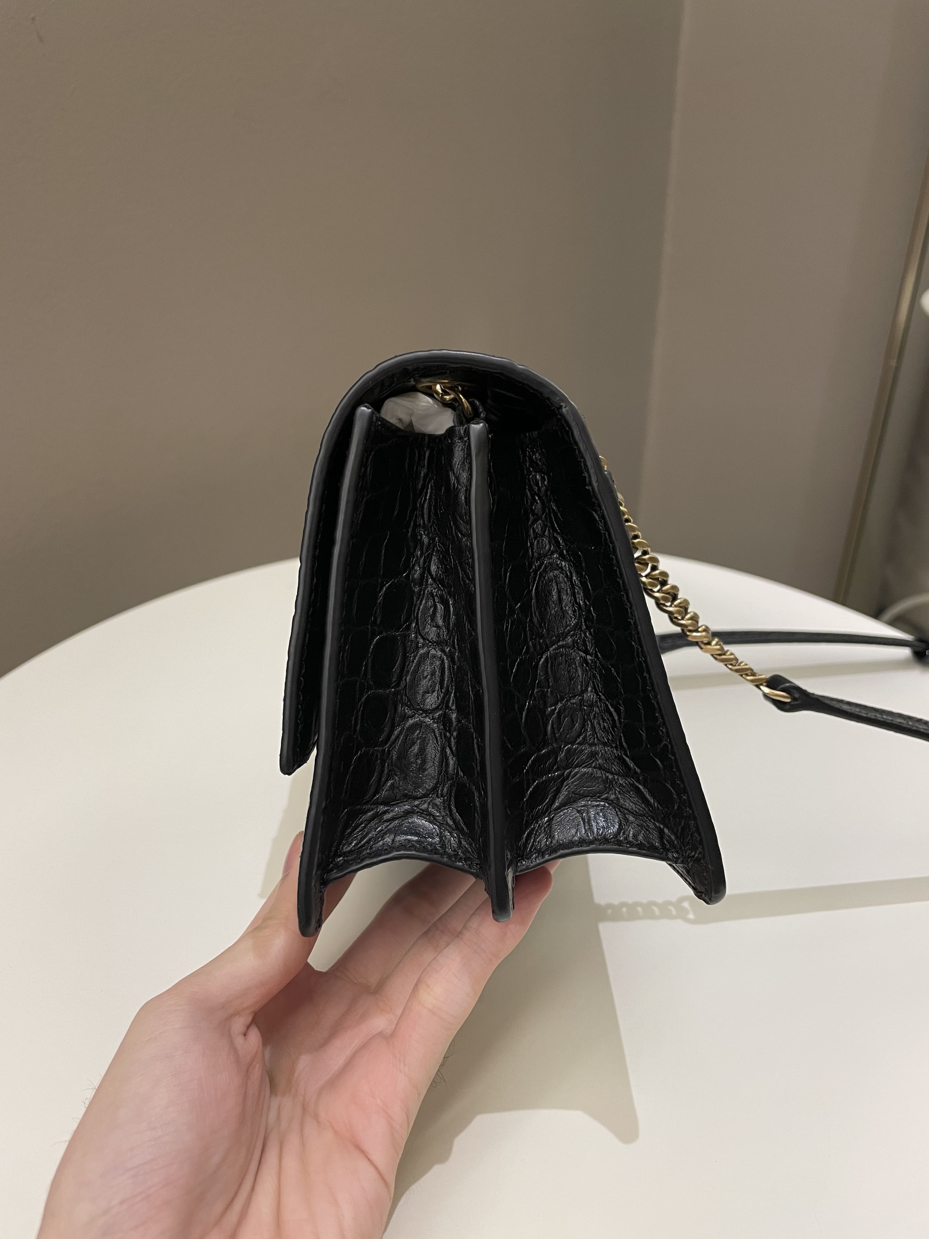 Saint Laurent Sunset Crossbody Bag Black Embossed Croc