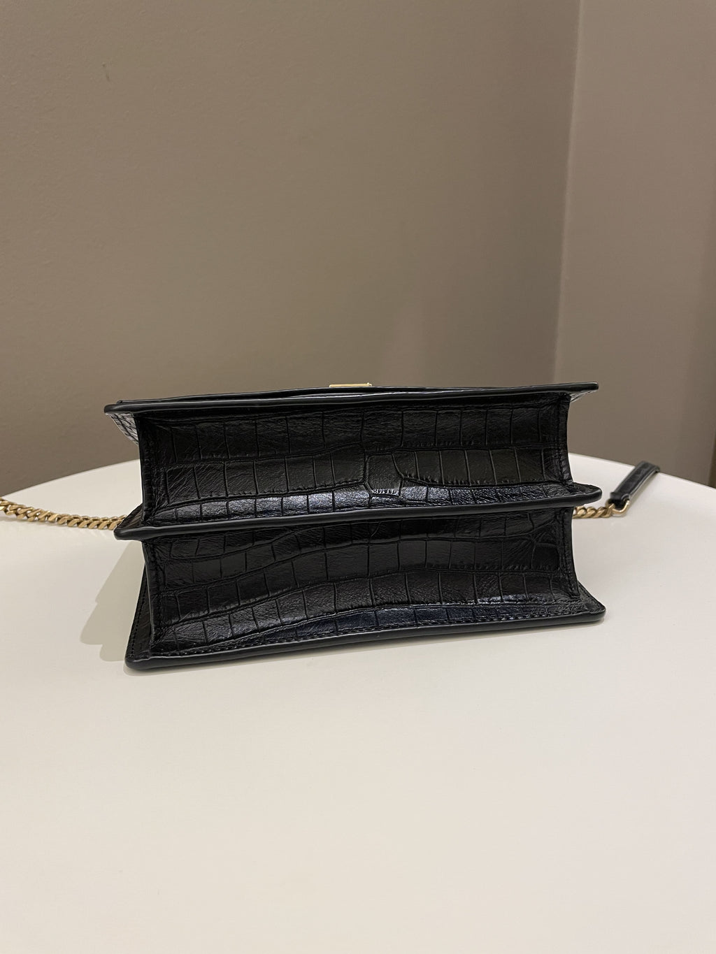 Saint Laurent Sunset Crossbody Bag Black Embossed Croc
