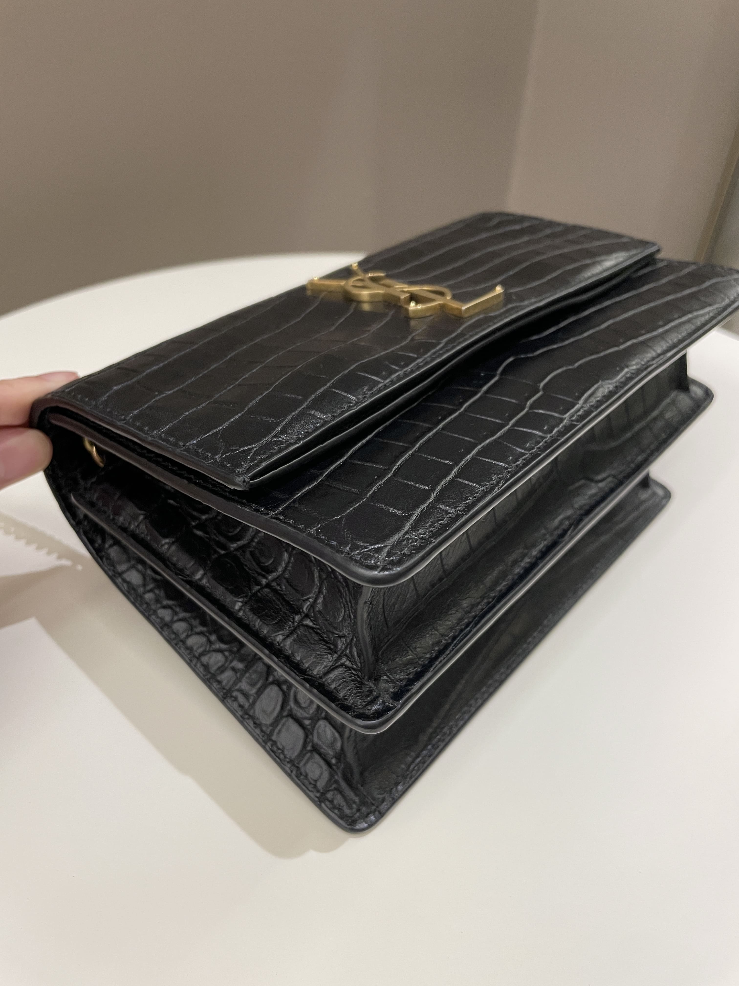 Saint Laurent Sunset Crossbody Bag Black Embossed Croc