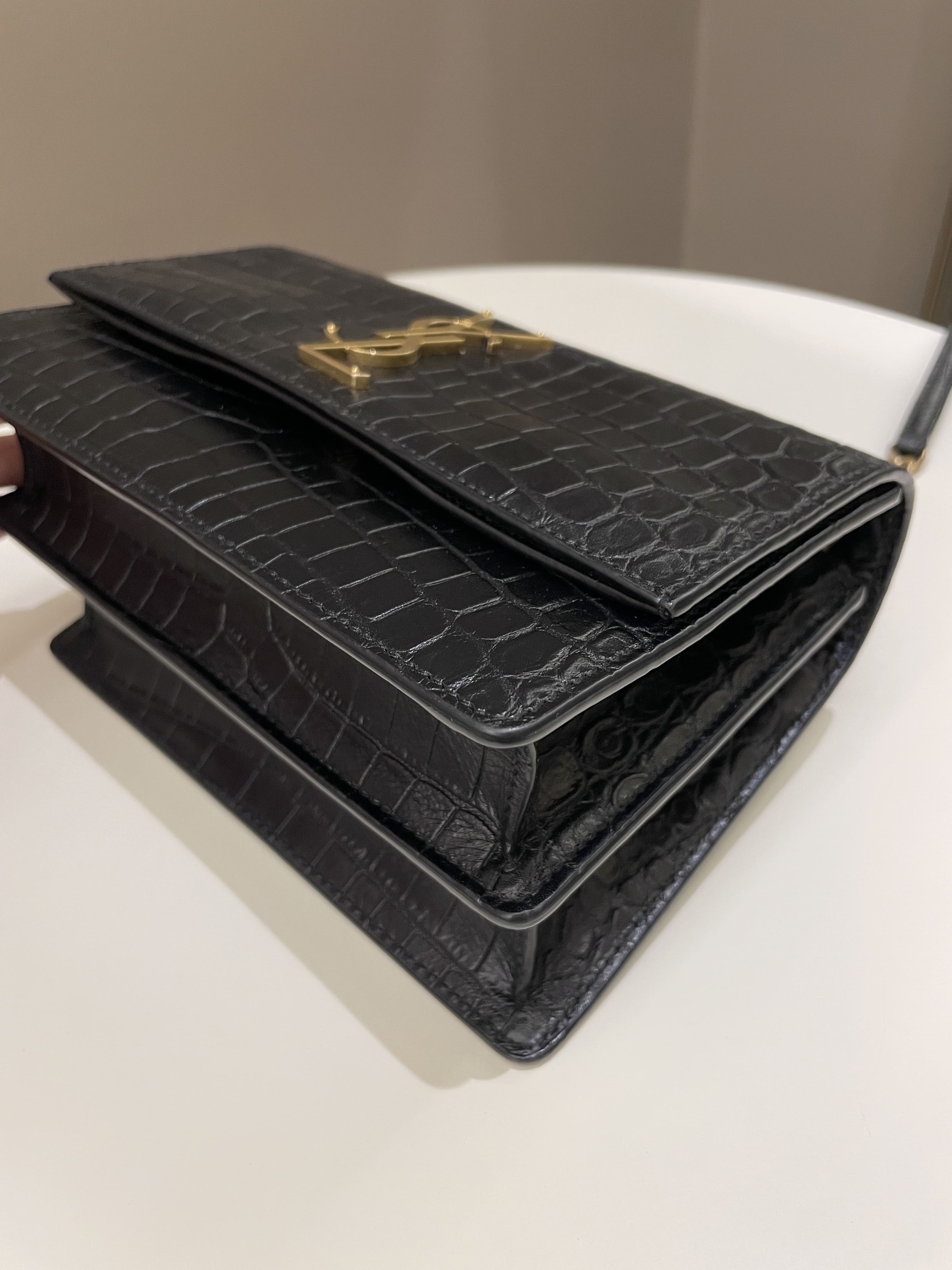 Saint Laurent Sunset Crossbody Bag Black Embossed Croc
