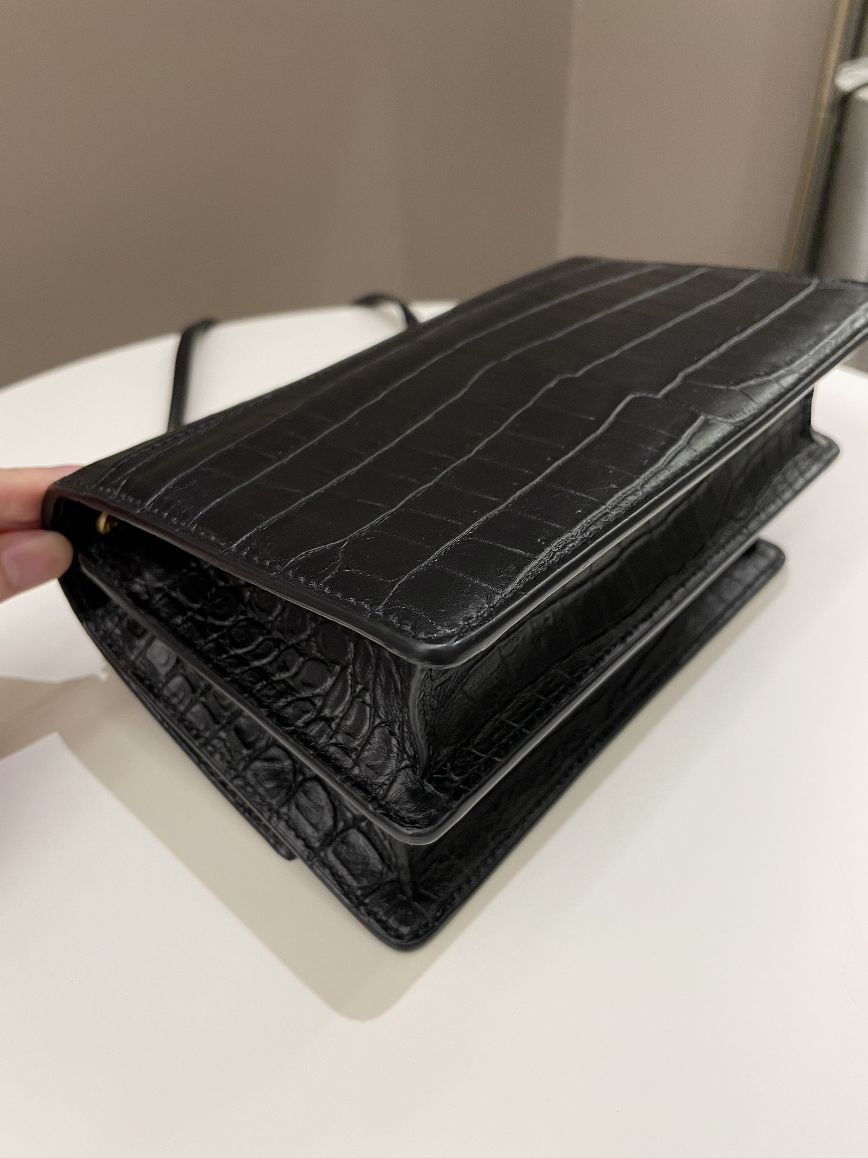 Saint Laurent Sunset Crossbody Bag Black Embossed Croc