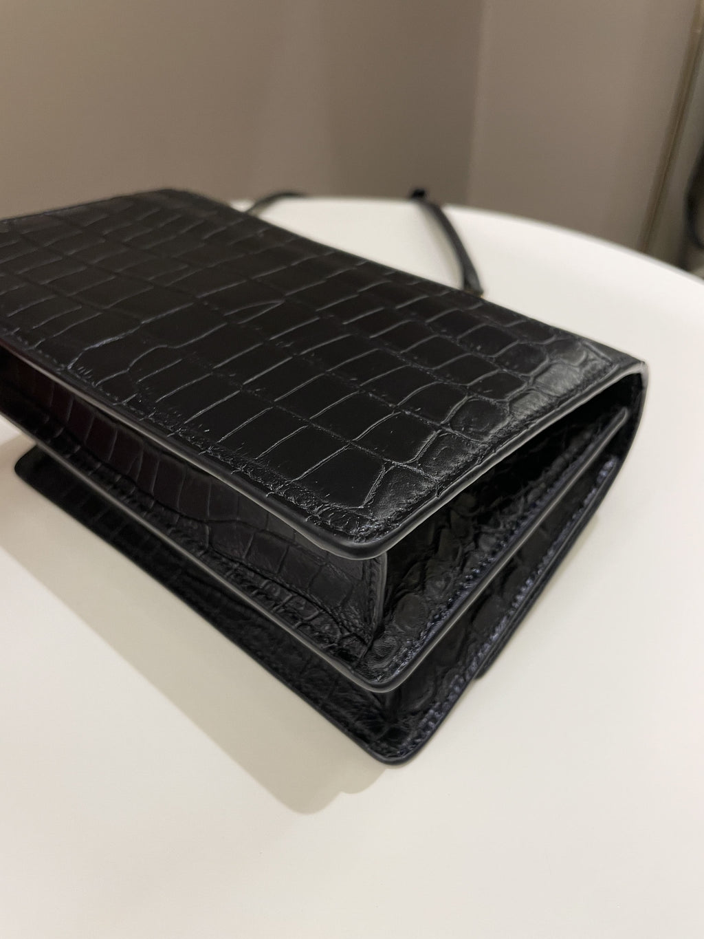 Saint Laurent Sunset Crossbody Bag Black Embossed Croc