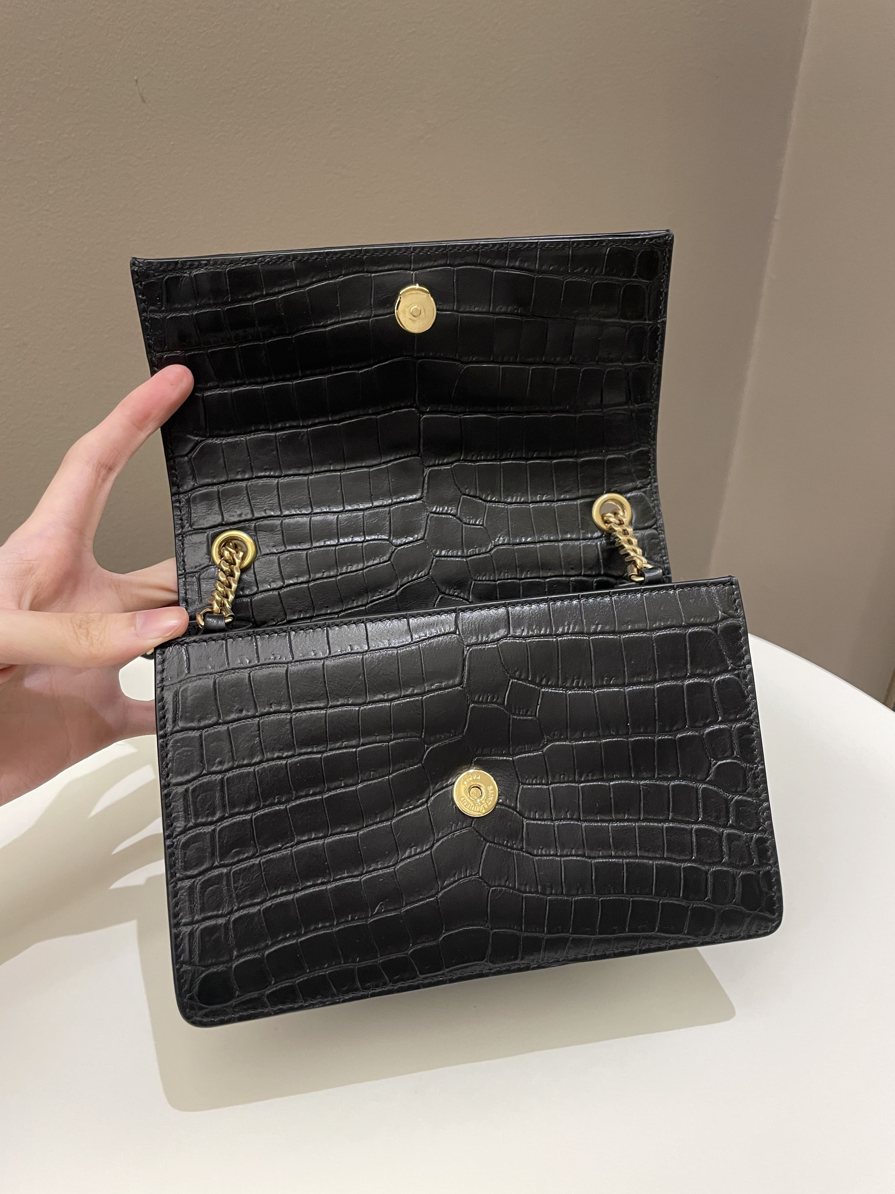 Saint Laurent Sunset Crossbody Bag Black Embossed Croc