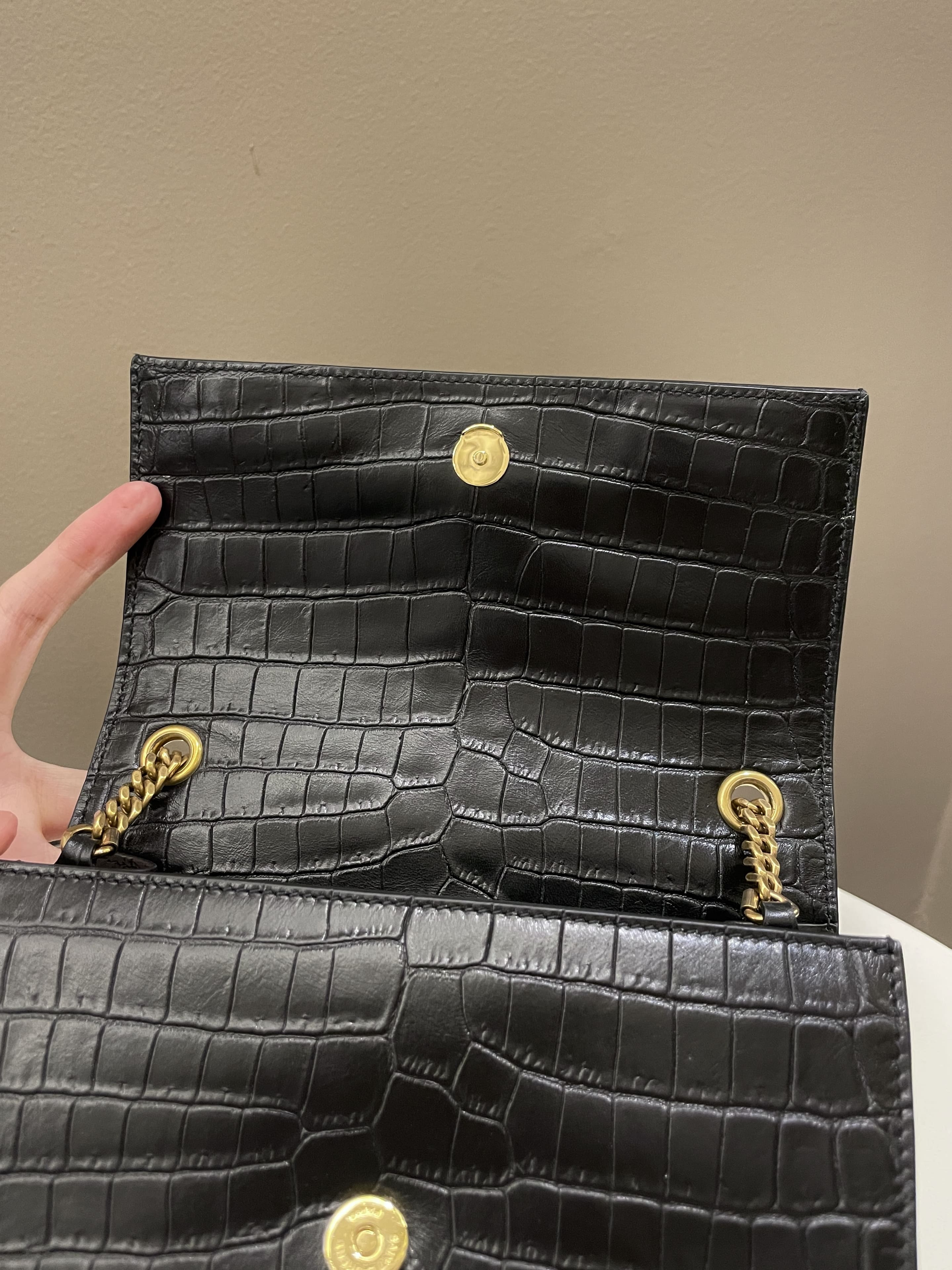 Saint Laurent Sunset Crossbody Bag Black Embossed Croc