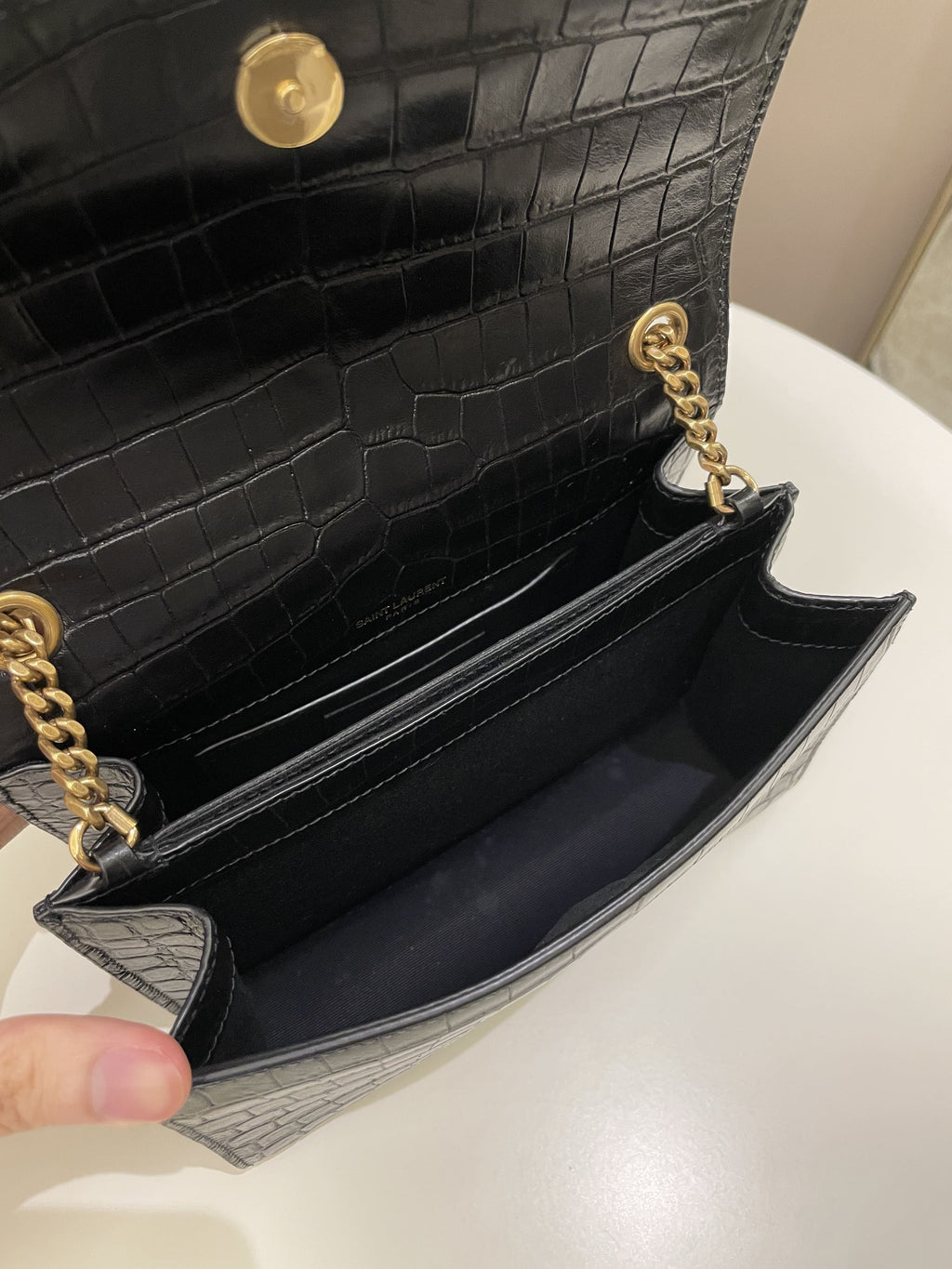 Saint Laurent Sunset Crossbody Bag Black Embossed Croc