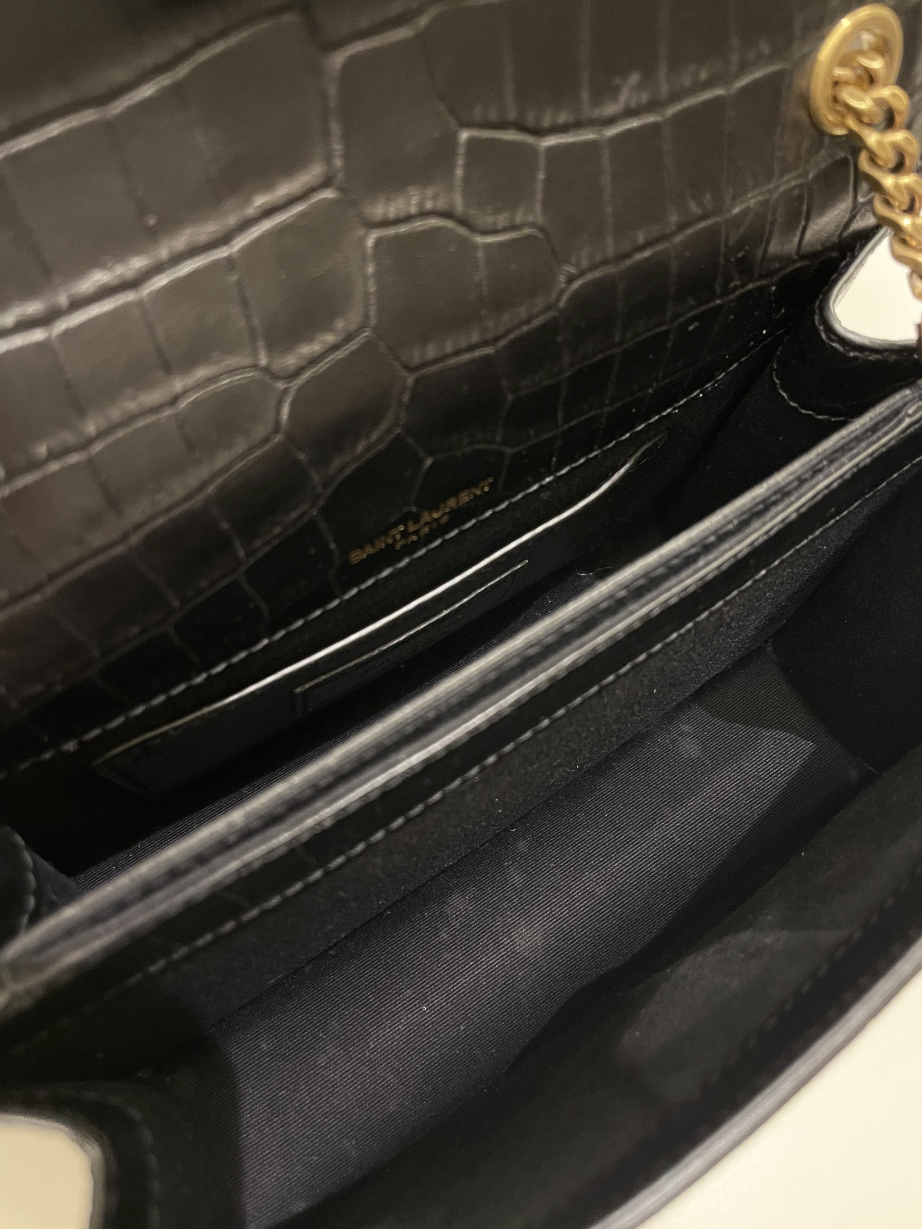 Saint Laurent Sunset Crossbody Bag Black Embossed Croc