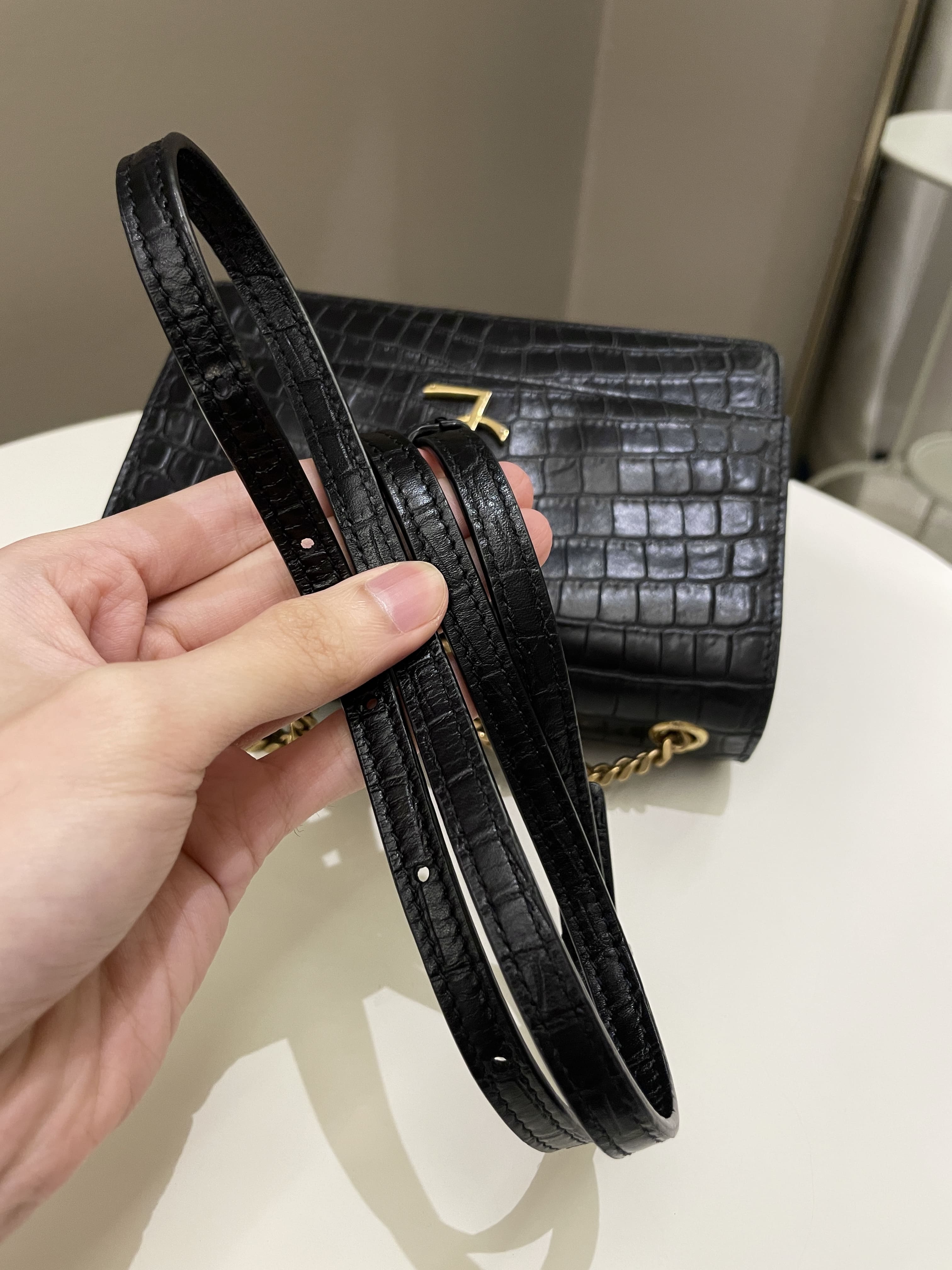 Saint Laurent Sunset Crossbody Bag Black Embossed Croc