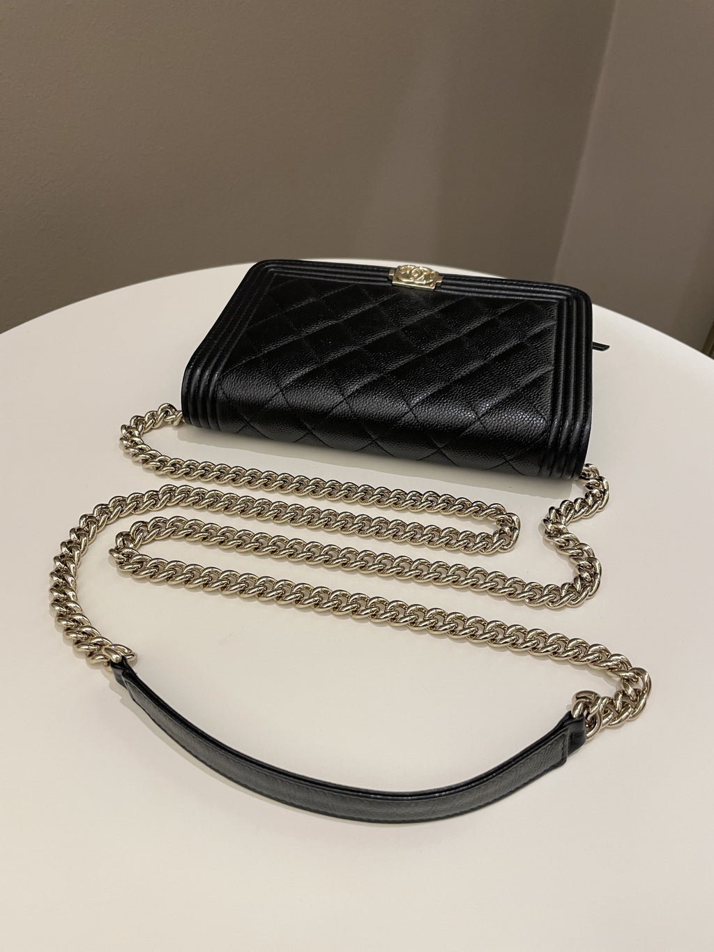 Chanel Quilted Boy Wallet On Chain Black Caviar