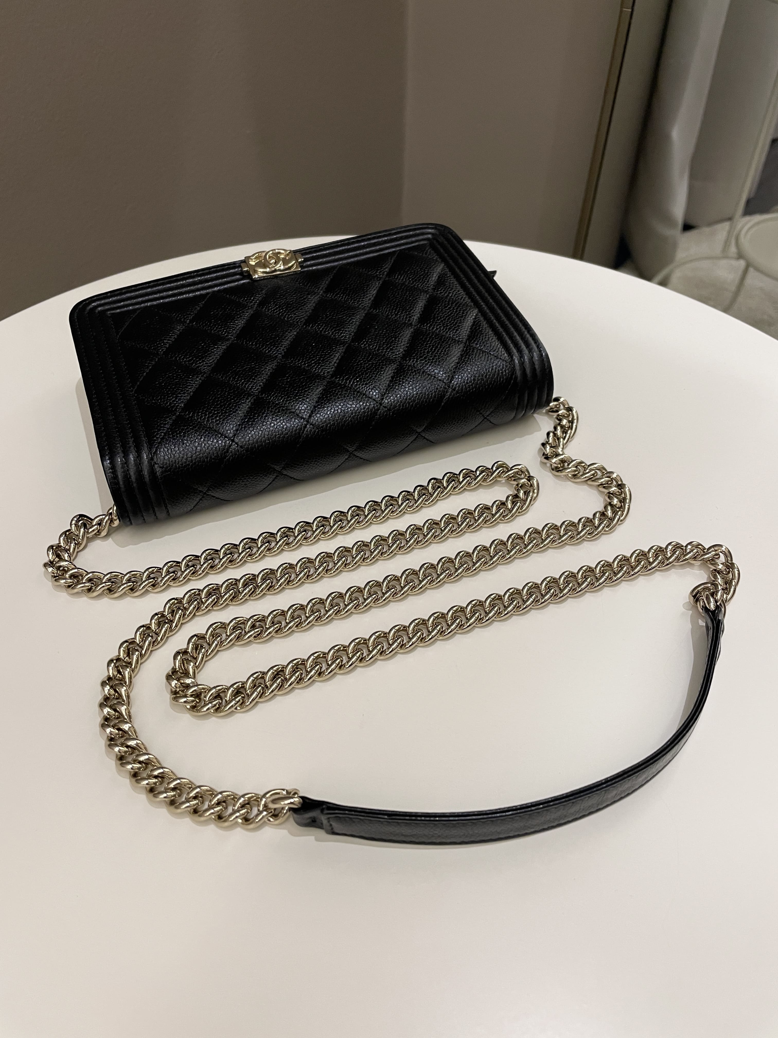 Chanel Quilted Boy Wallet On Chain Black Caviar