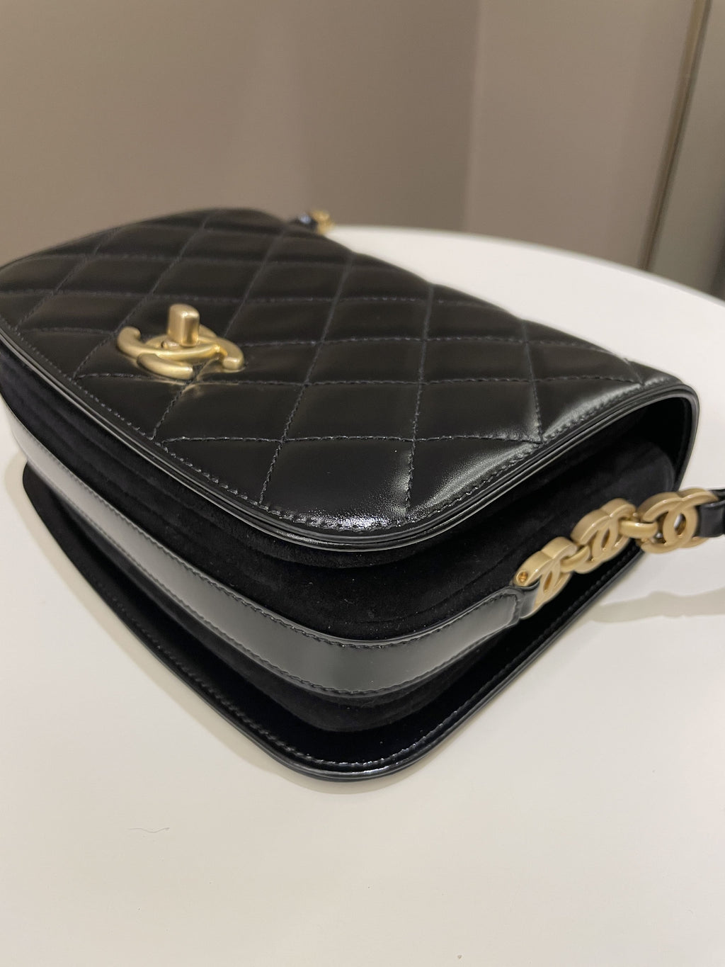 Chanel CC Mini Messenger Bag Black Coated Calfskin / Suede