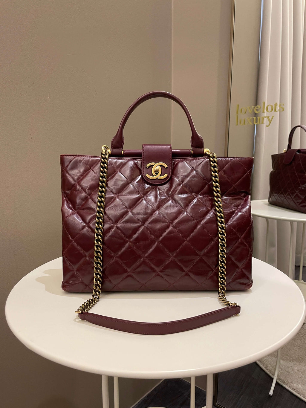 Chanel Quilted CC Portobello Tote Burgundy Distressed Leather