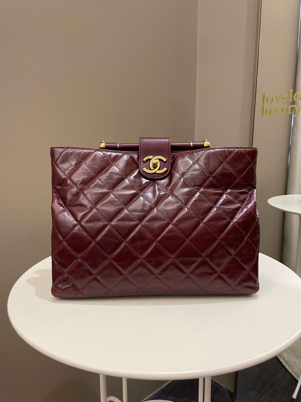 Chanel Quilted CC Portobello Tote Burgundy Distressed Leather