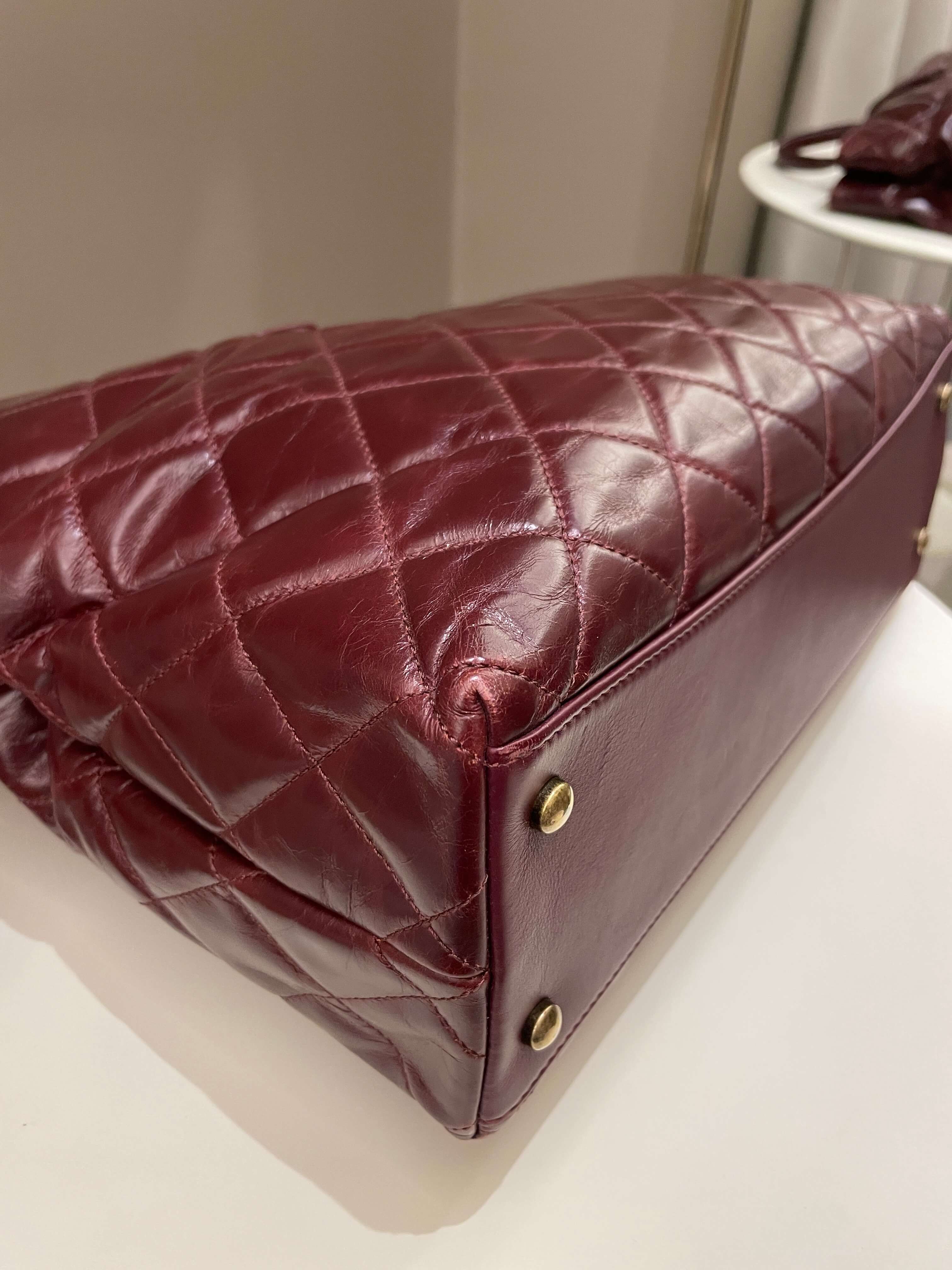 Chanel Quilted CC Portobello Tote Burgundy Distressed Leather