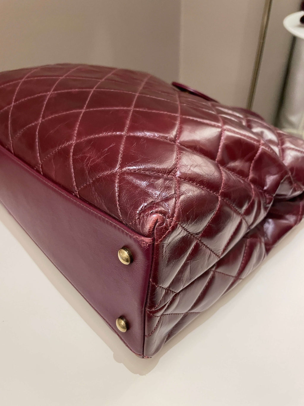 Chanel Quilted CC Portobello Tote Burgundy Distressed Leather