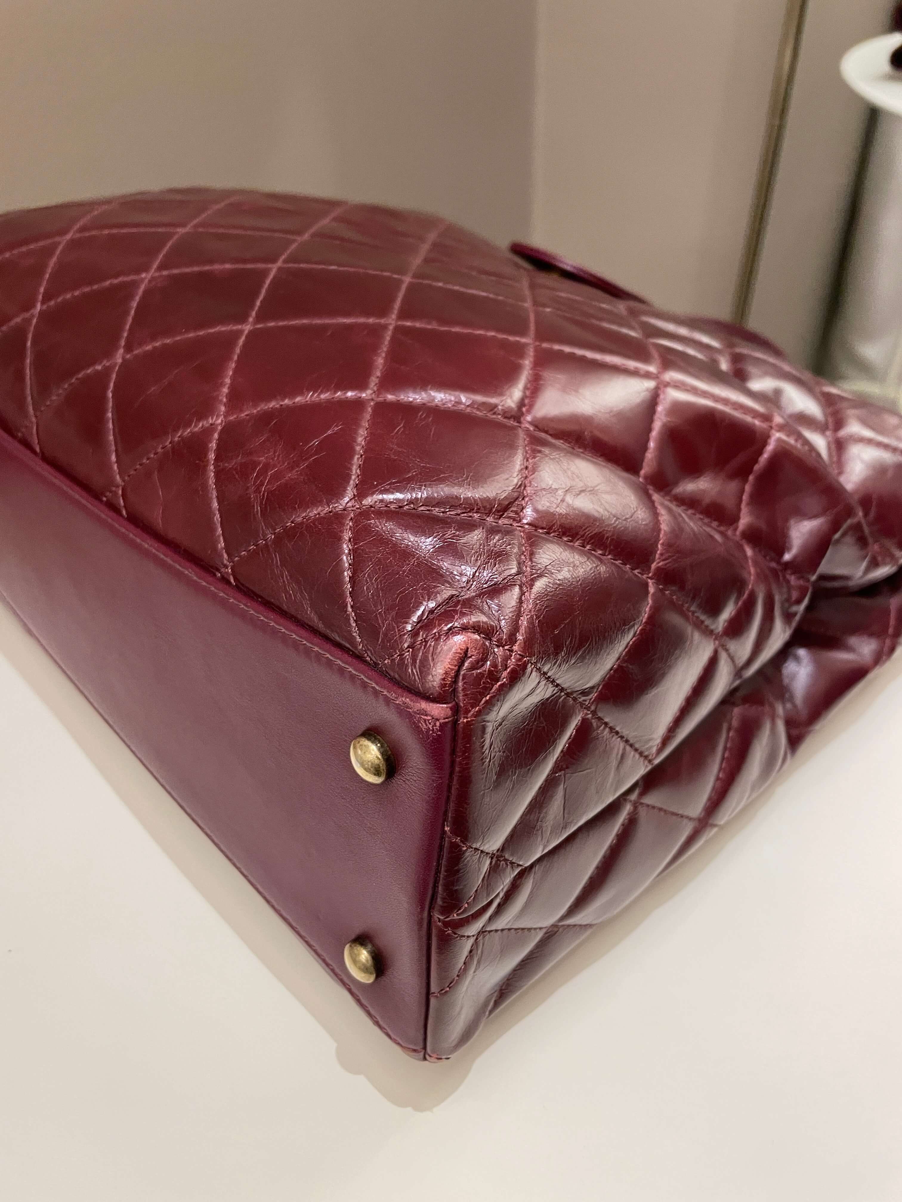 Chanel Quilted CC Portobello Tote Burgundy Distressed Leather