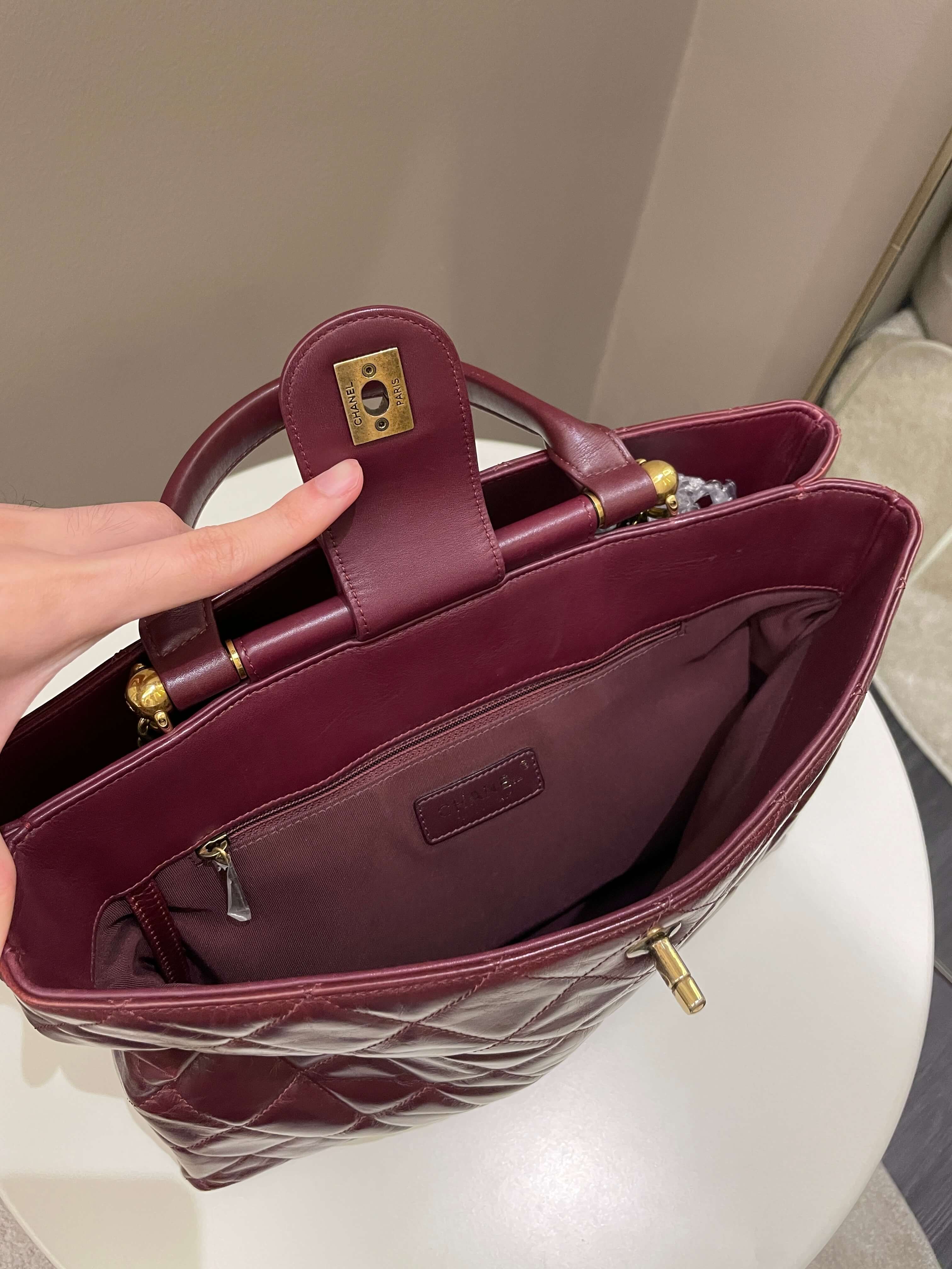 Chanel Quilted CC Portobello Tote Burgundy Distressed Leather