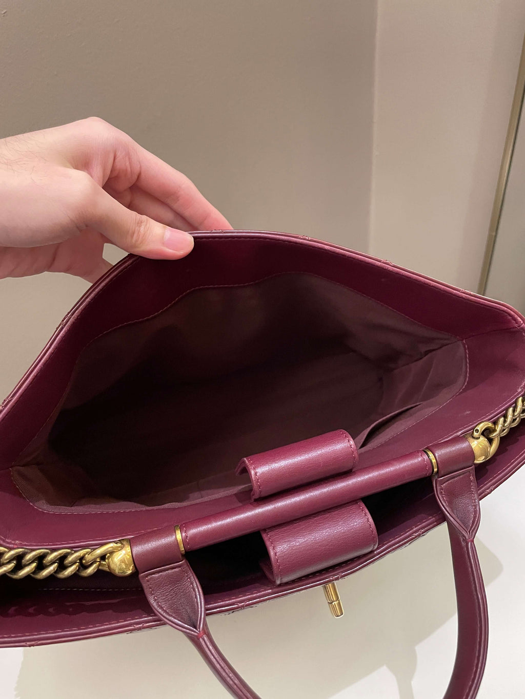 Chanel Quilted CC Portobello Tote Burgundy Distressed Leather