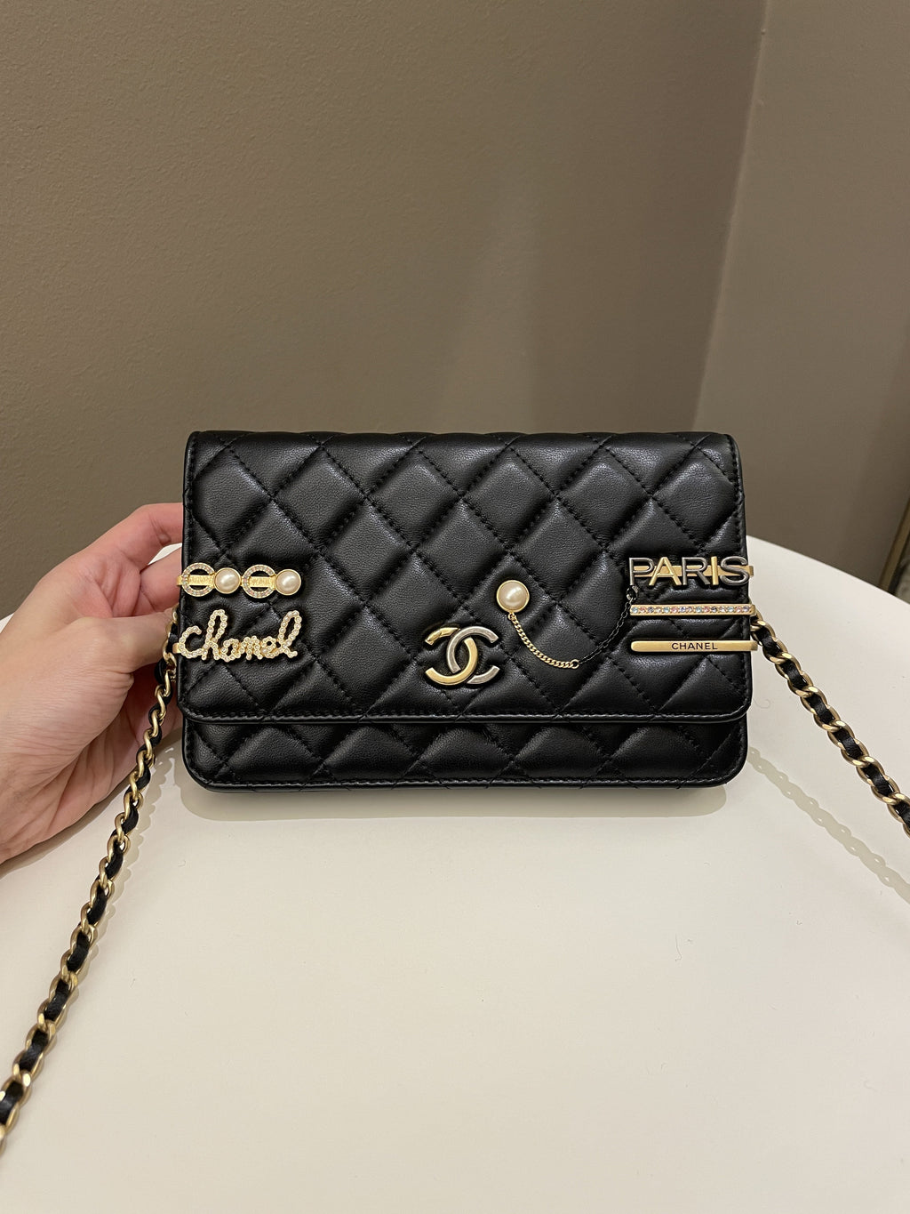 Chanel Coco Pearl Signature Wallet on Chain Black Lambskin