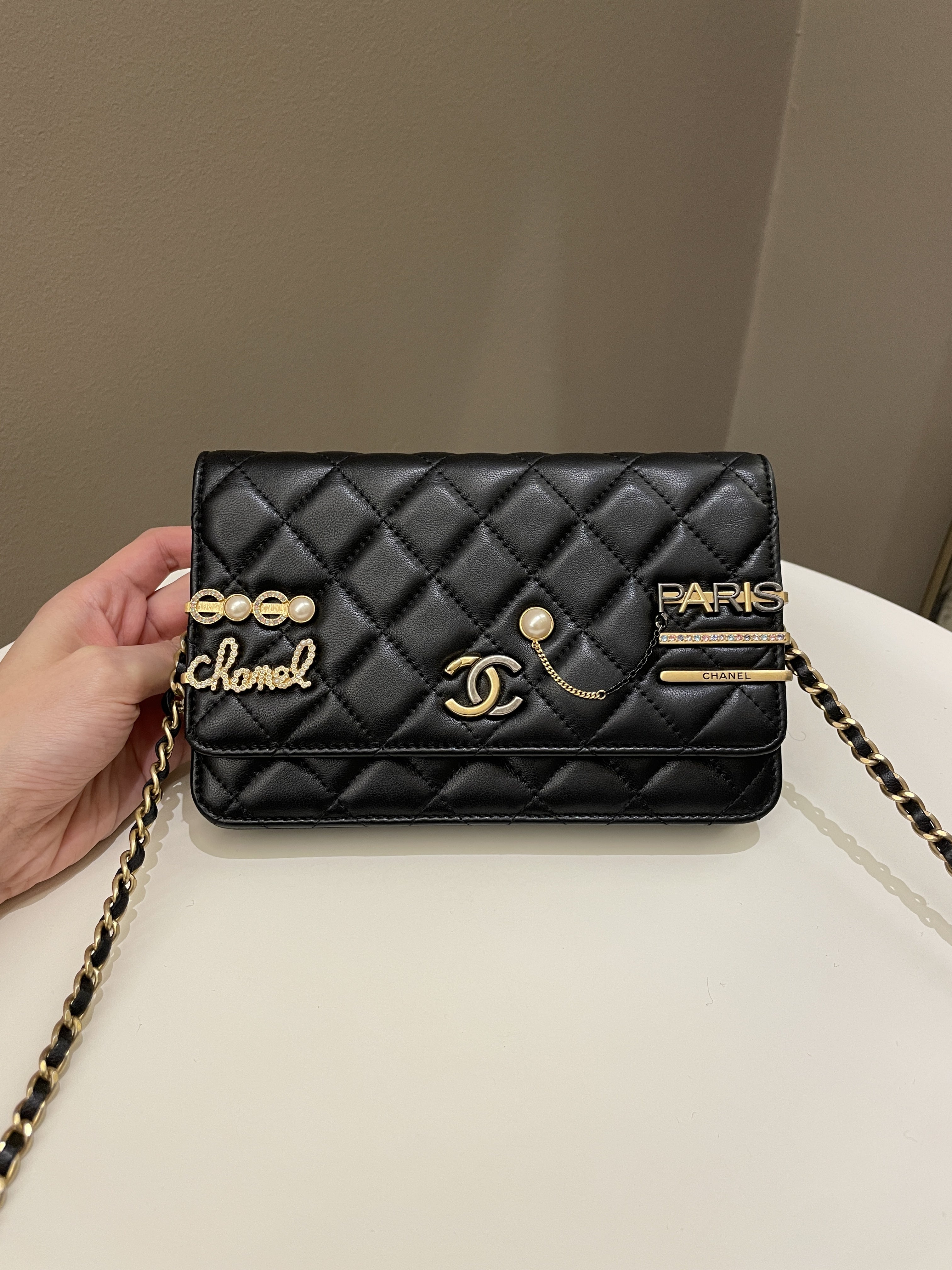 Chanel Coco Pearl Signature Wallet on Chain Black Lambskin