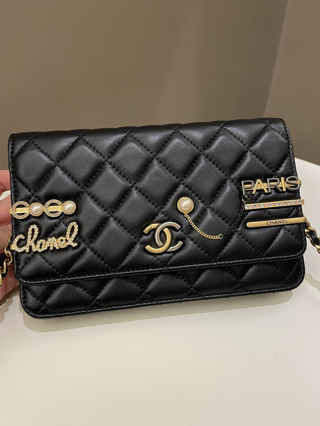 Chanel Coco Pearl Signature Wallet on Chain Black Lambskin