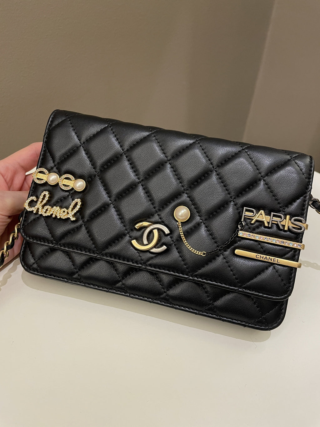 Chanel Coco Pearl Signature Wallet on Chain Black Lambskin