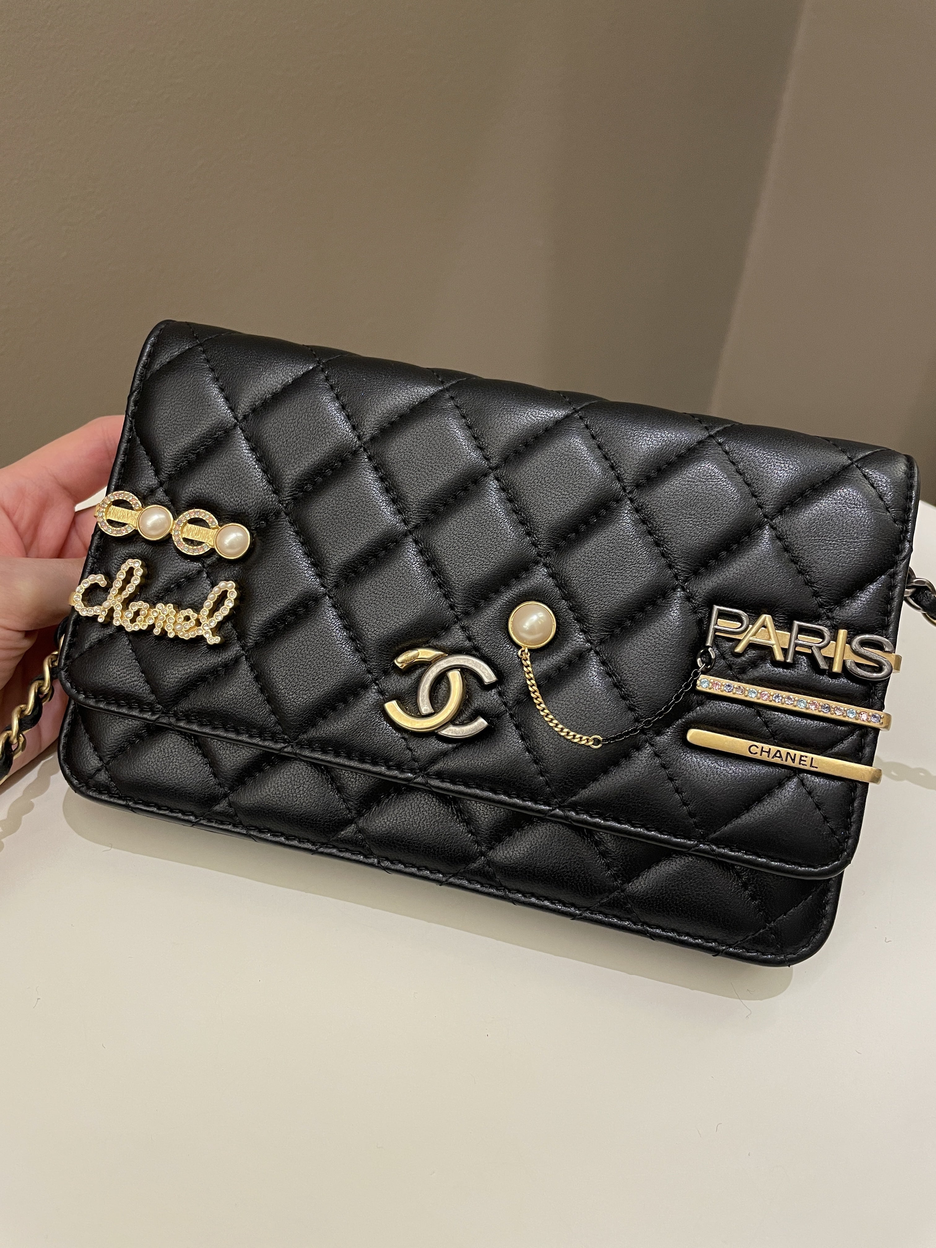 Chanel Coco Pearl Signature Wallet on Chain Black Lambskin