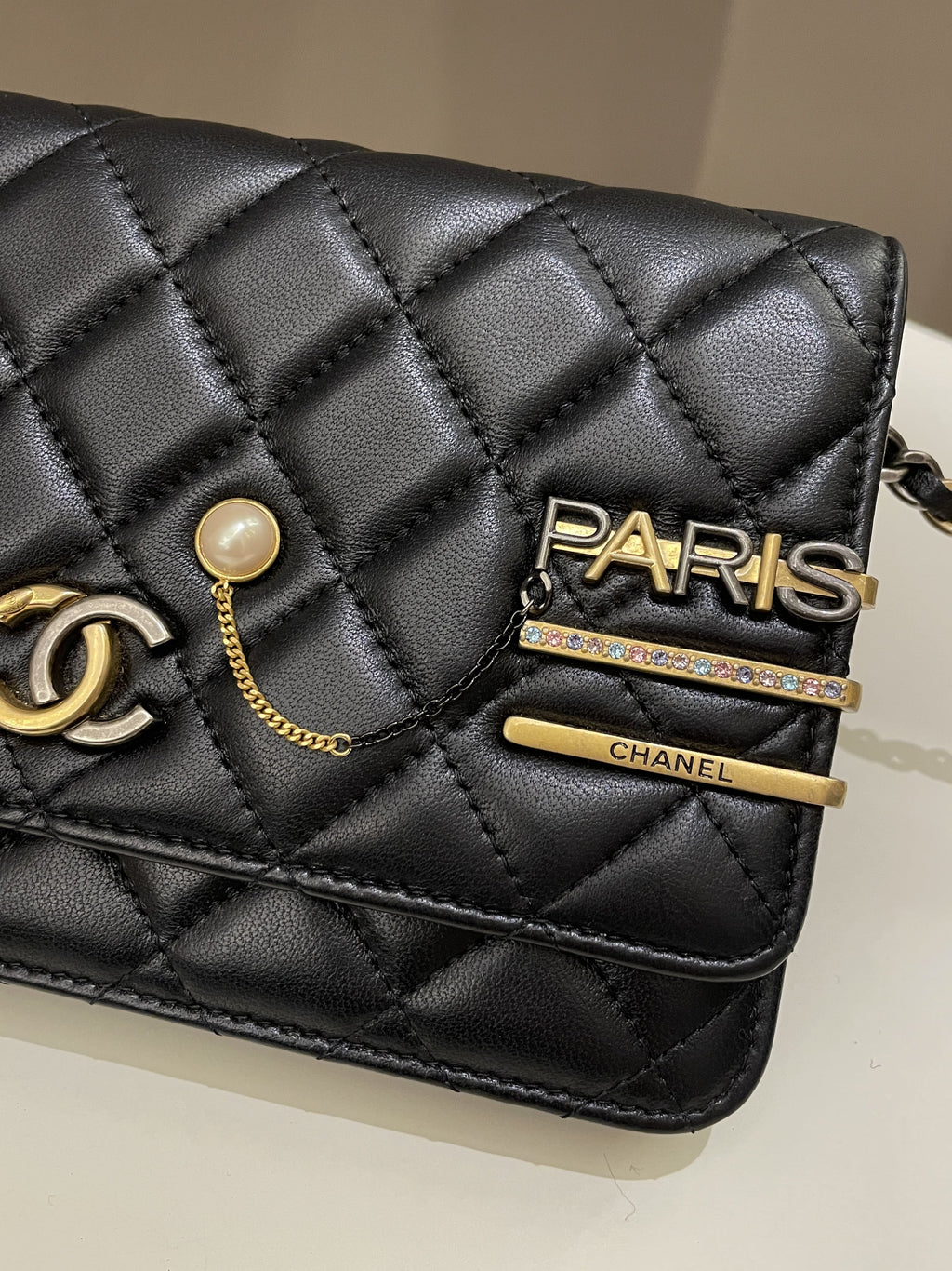 Chanel Coco Pearl Signature Wallet on Chain Black Lambskin