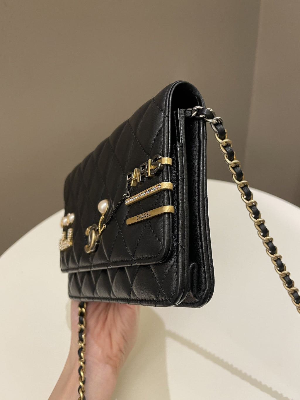 Chanel Coco Pearl Signature Wallet on Chain Black Lambskin