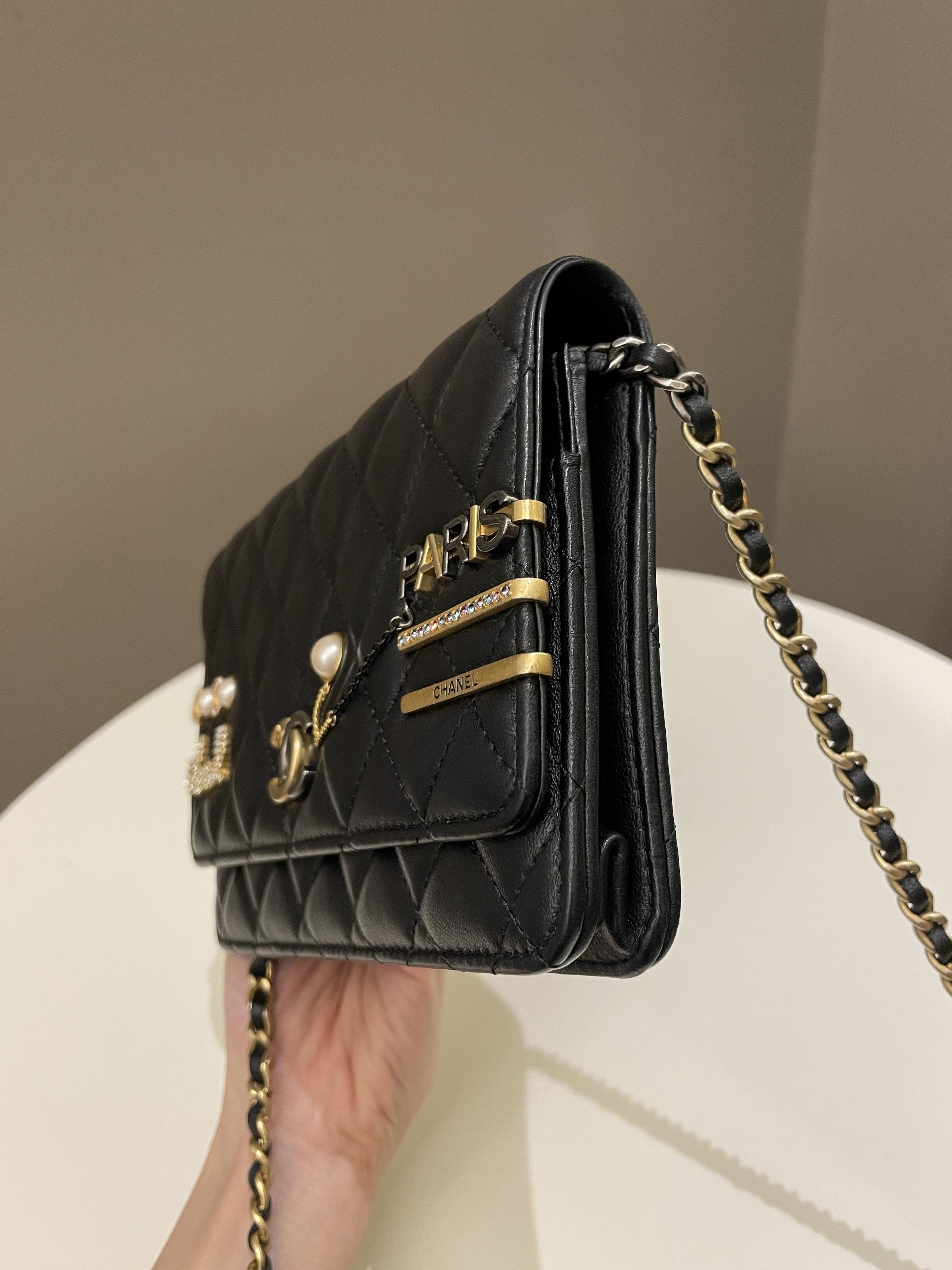 Chanel Coco Pearl Signature Wallet on Chain Black Lambskin