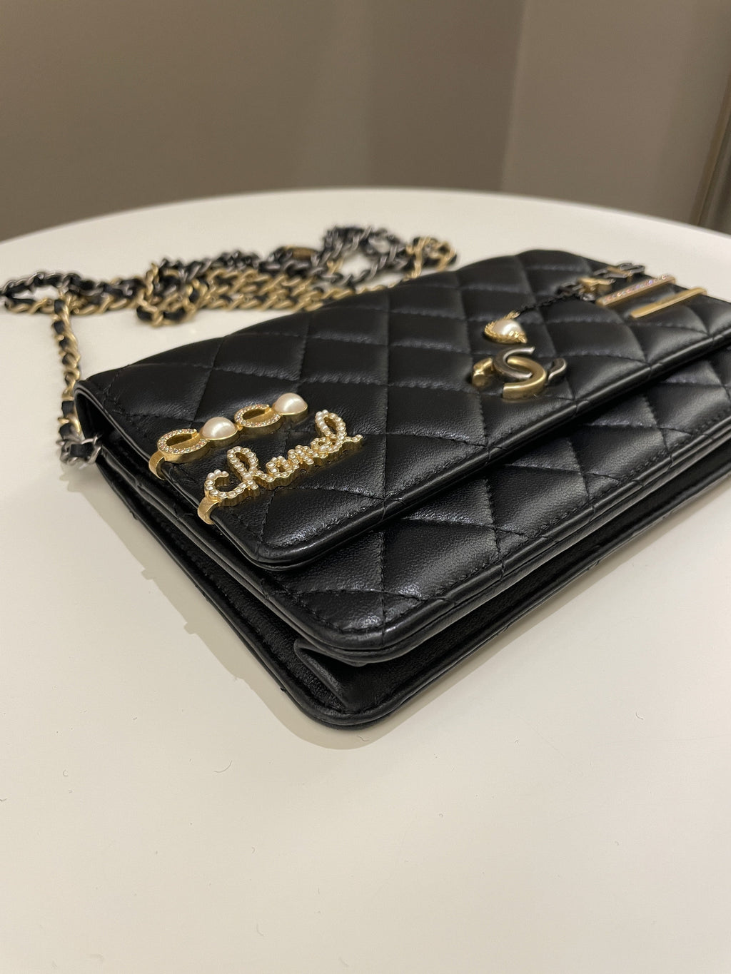 Chanel Coco Pearl Signature Wallet on Chain Black Lambskin