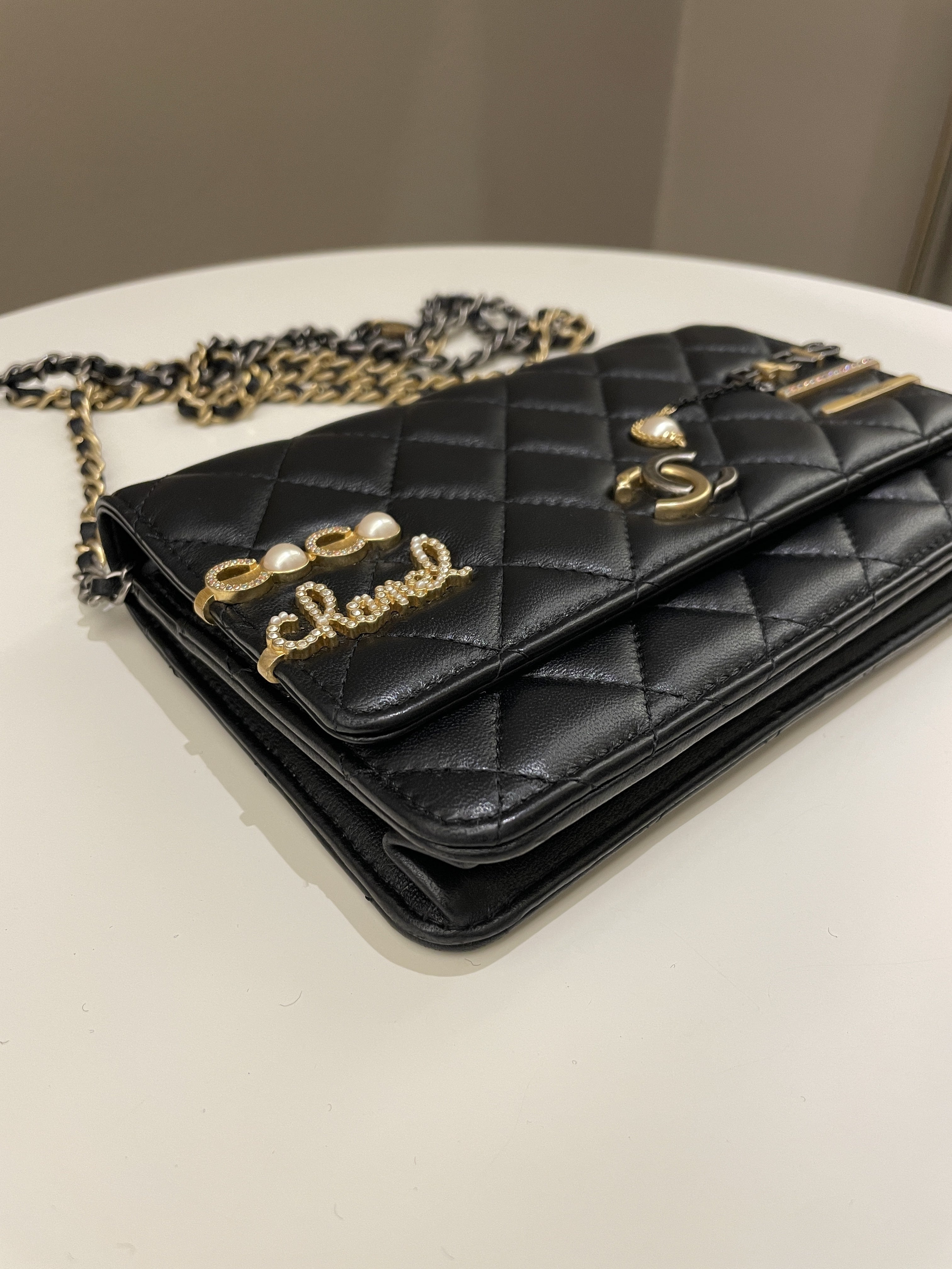 Chanel Coco Pearl Signature Wallet on Chain Black Lambskin