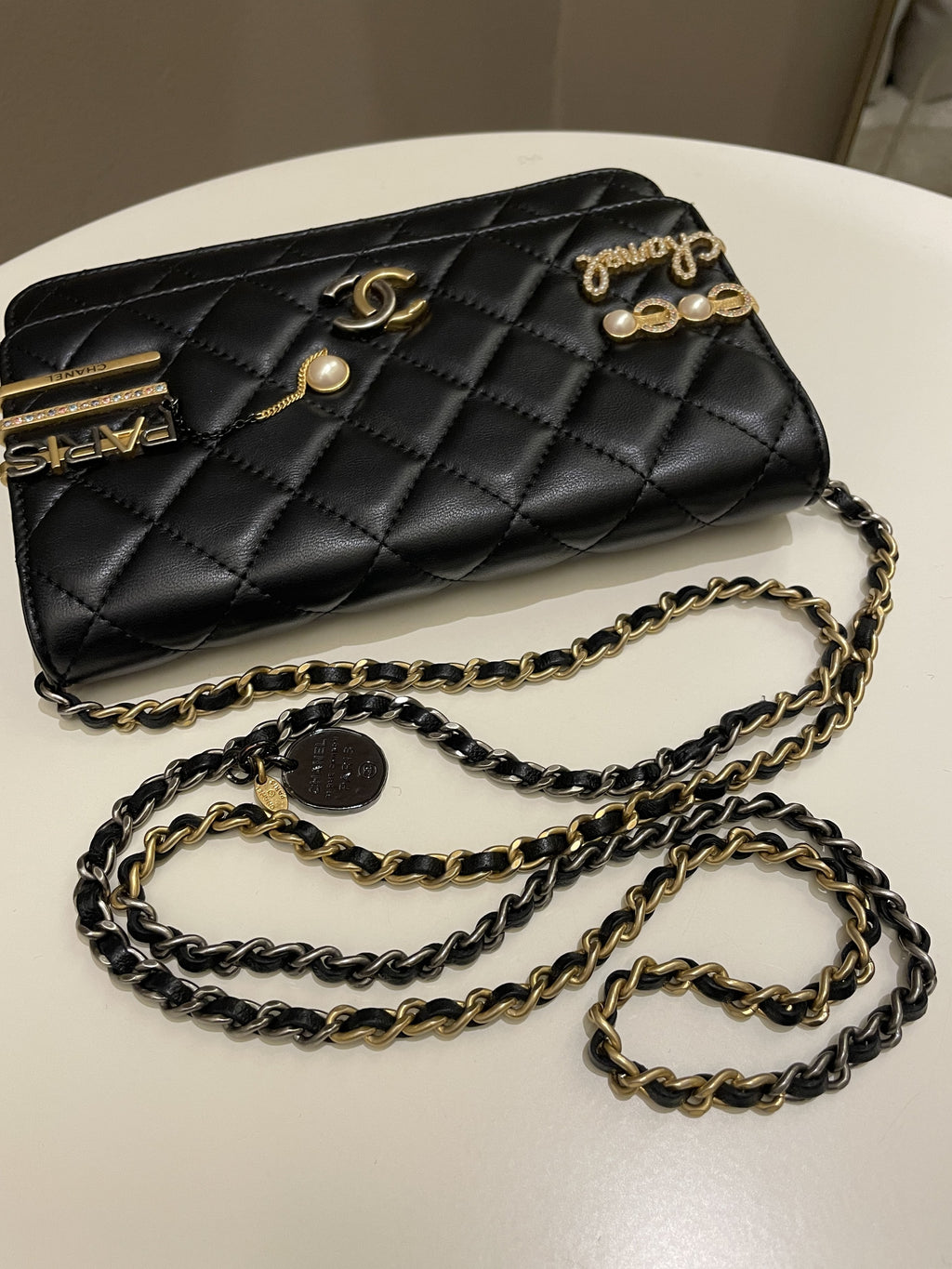 Chanel Coco Pearl Signature Wallet on Chain Black Lambskin