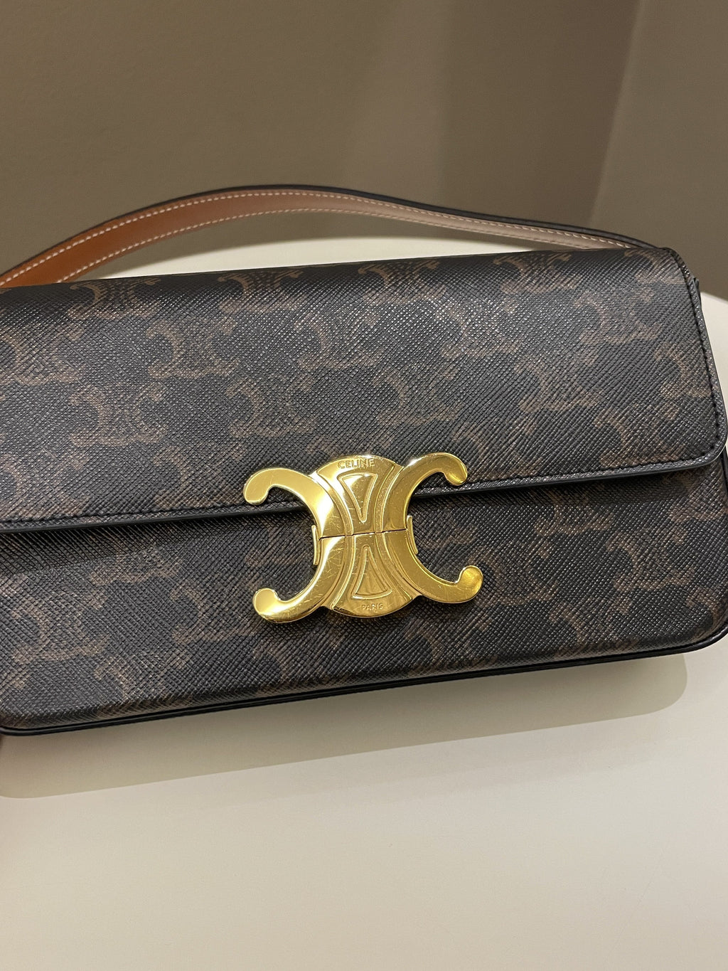 Celine Triomphe Bag Tan Canvas/ Calfskin