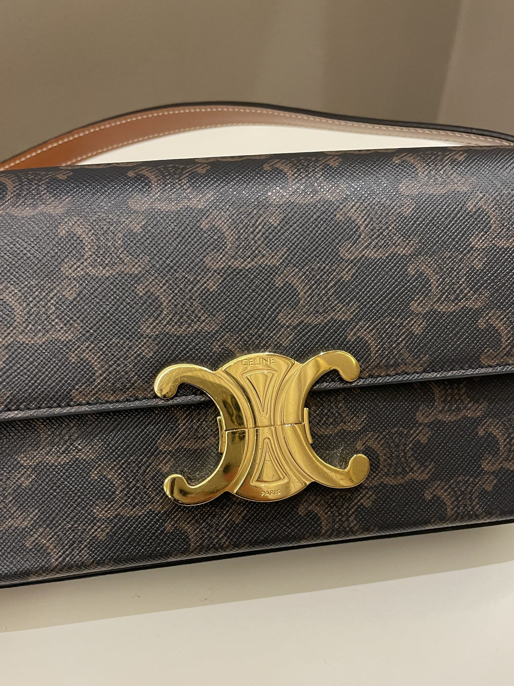 Celine Triomphe Bag Tan Canvas/ Calfskin