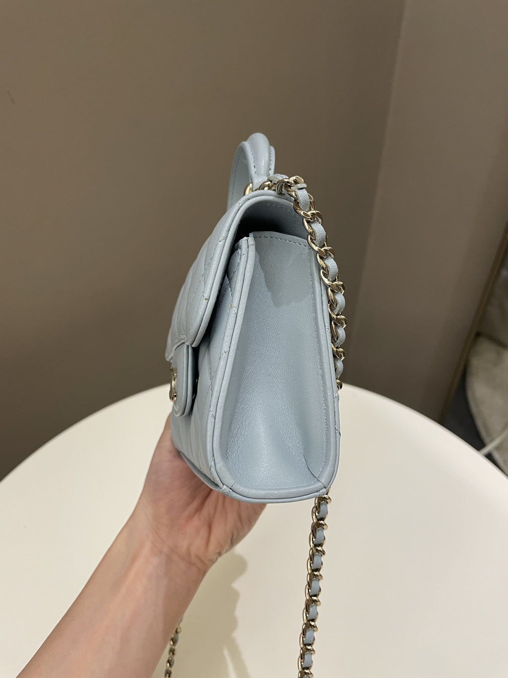 Chanel 22P Top Handle Clutch On Chain Baby Blue Lambskin