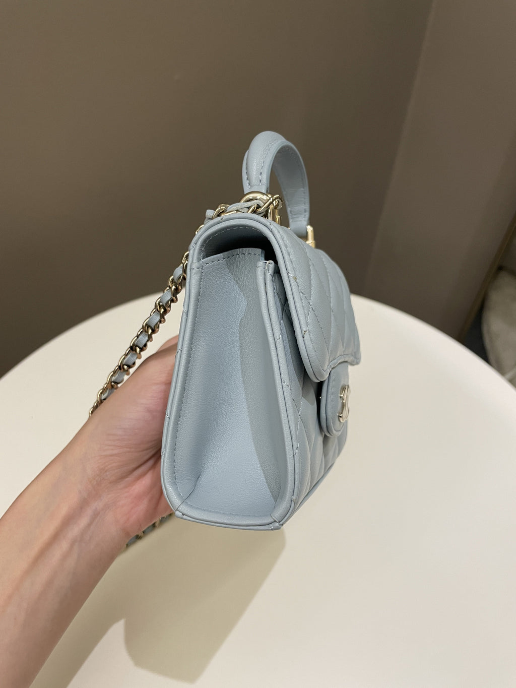 Chanel 22P Top Handle Clutch On Chain Baby Blue Lambskin
